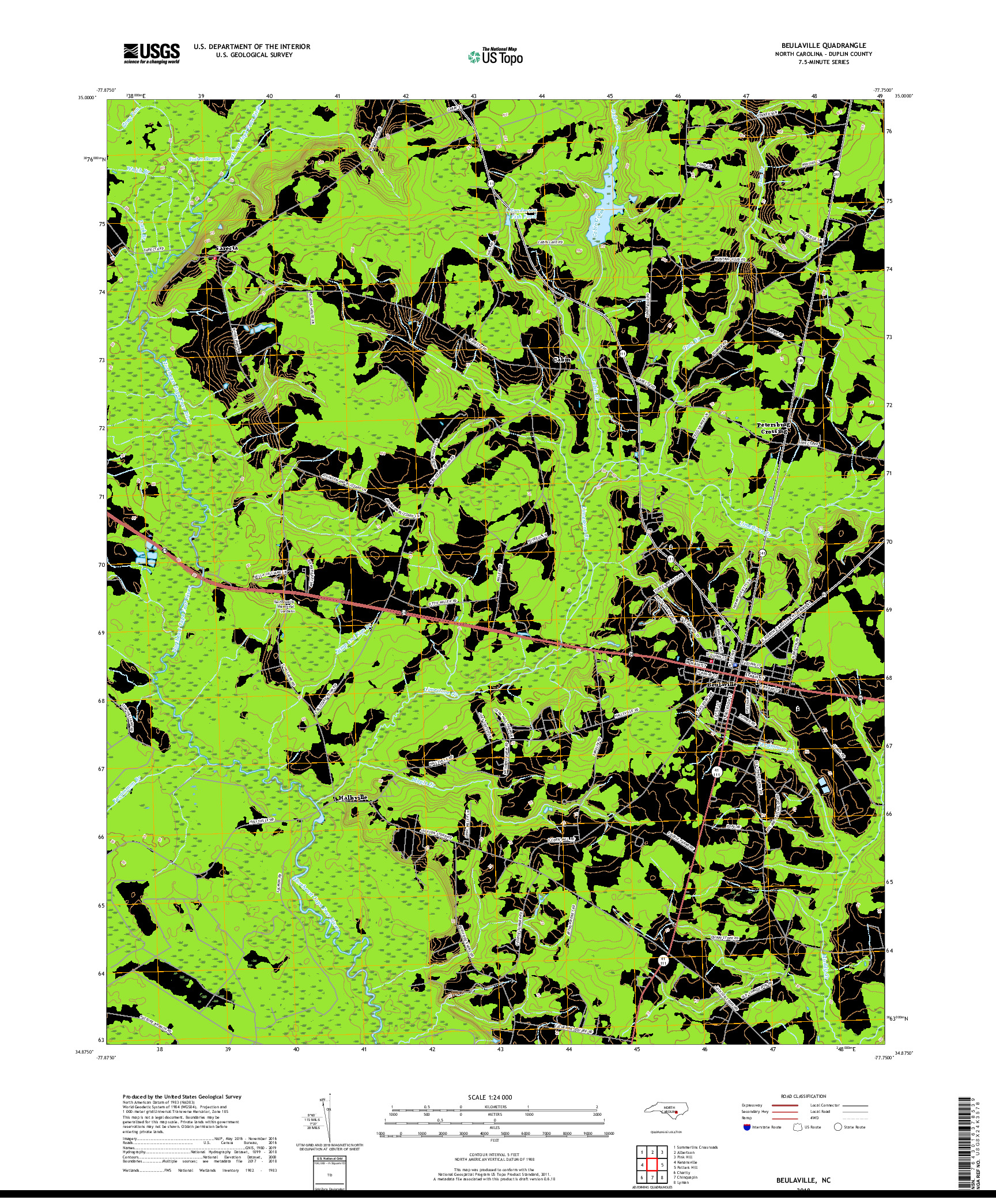 USGS US TOPO 7.5-MINUTE MAP FOR BEULAVILLE, NC 2019