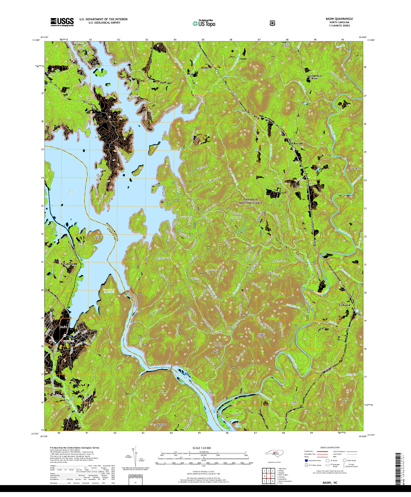 USGS US TOPO 7.5-MINUTE MAP FOR BADIN, NC 2019