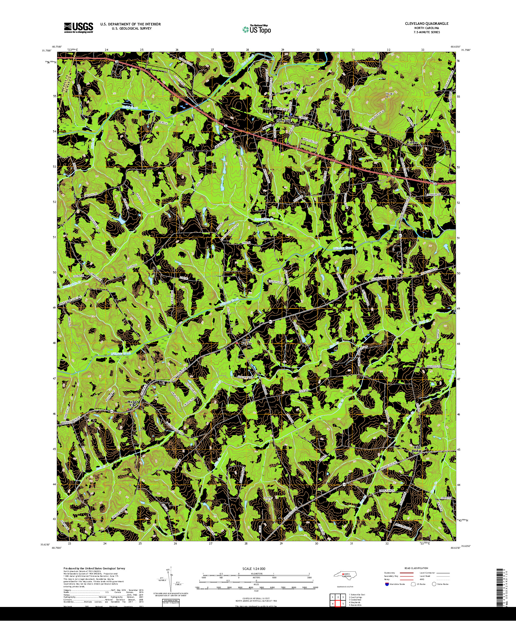 USGS US TOPO 7.5-MINUTE MAP FOR CLEVELAND, NC 2019