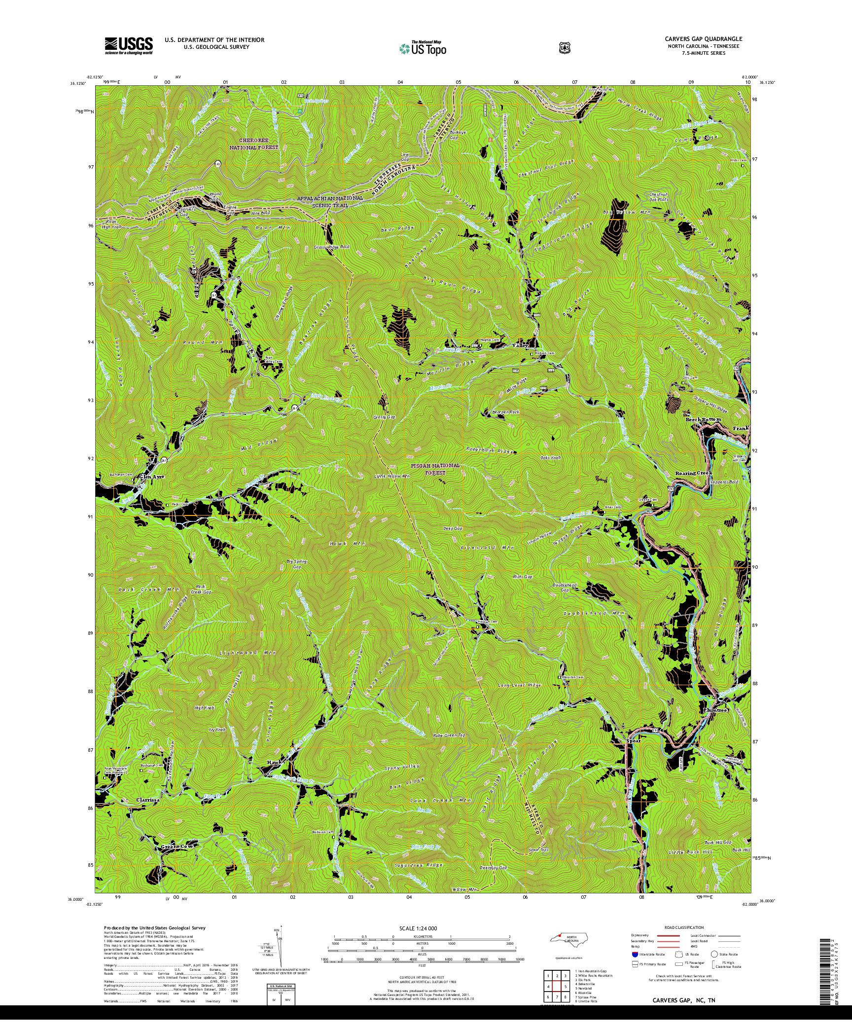 USGS US TOPO 7.5-MINUTE MAP FOR CARVERS GAP, NC,TN 2019