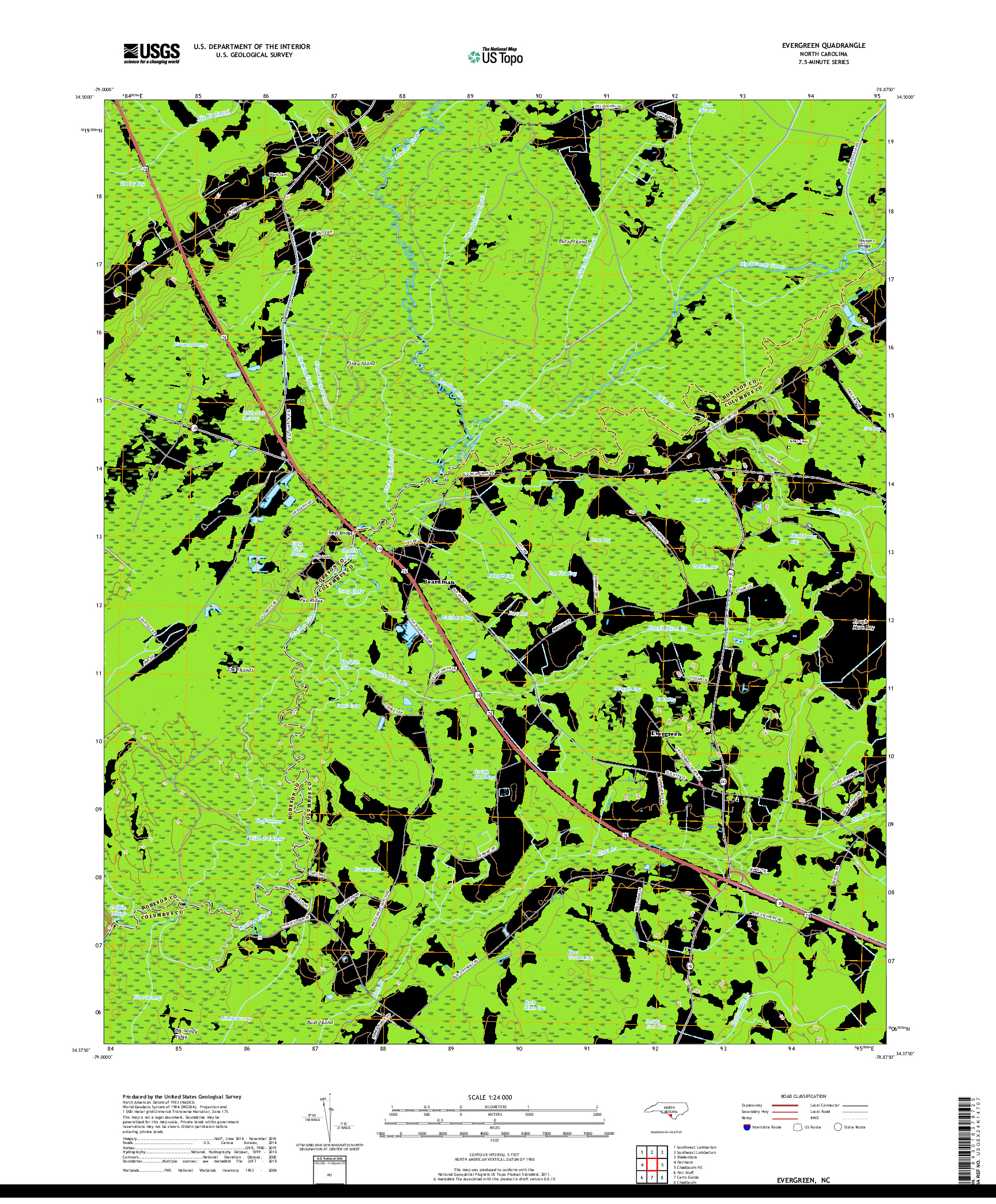 USGS US TOPO 7.5-MINUTE MAP FOR EVERGREEN, NC 2019