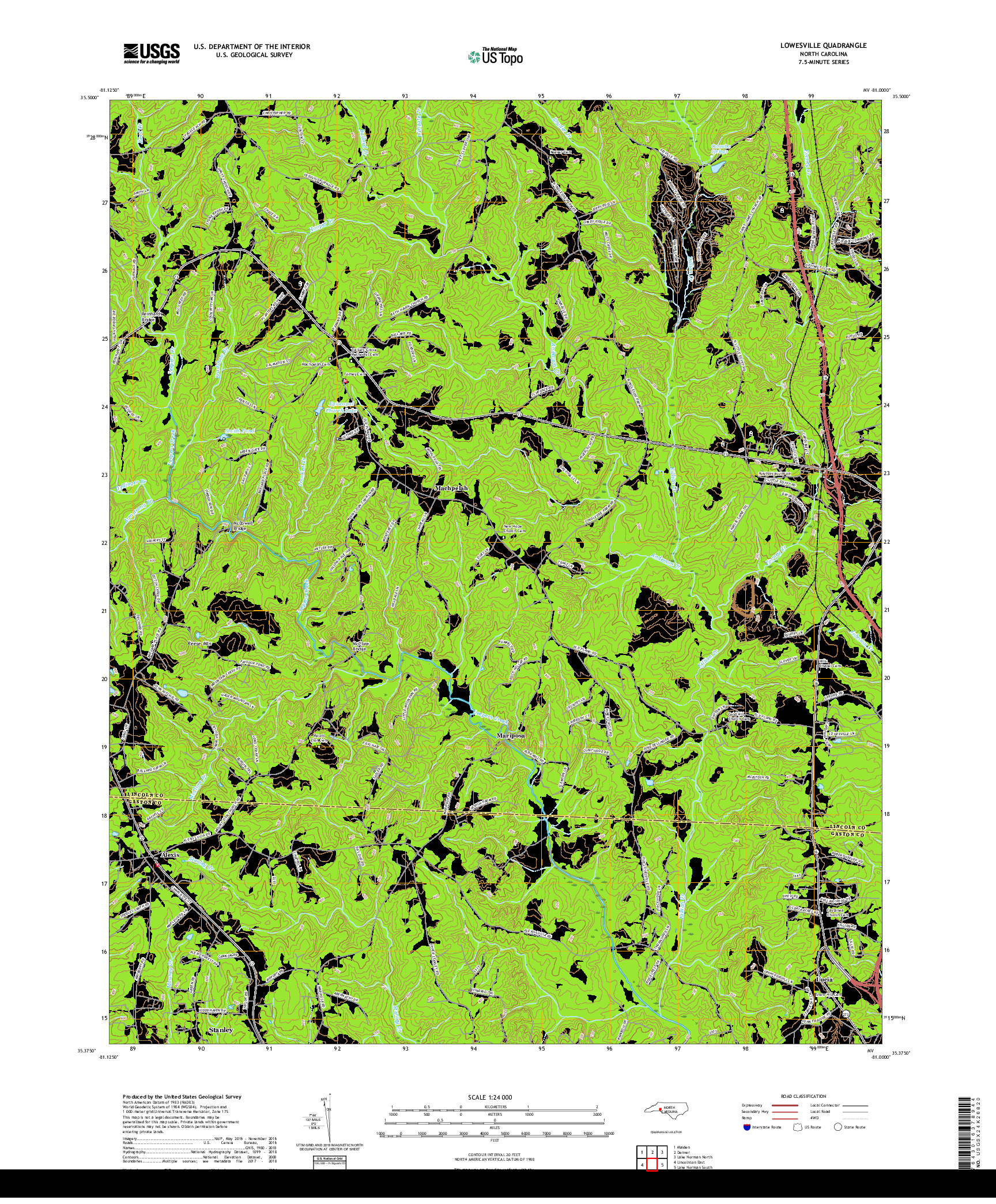 USGS US TOPO 7.5-MINUTE MAP FOR LOWESVILLE, NC 2019