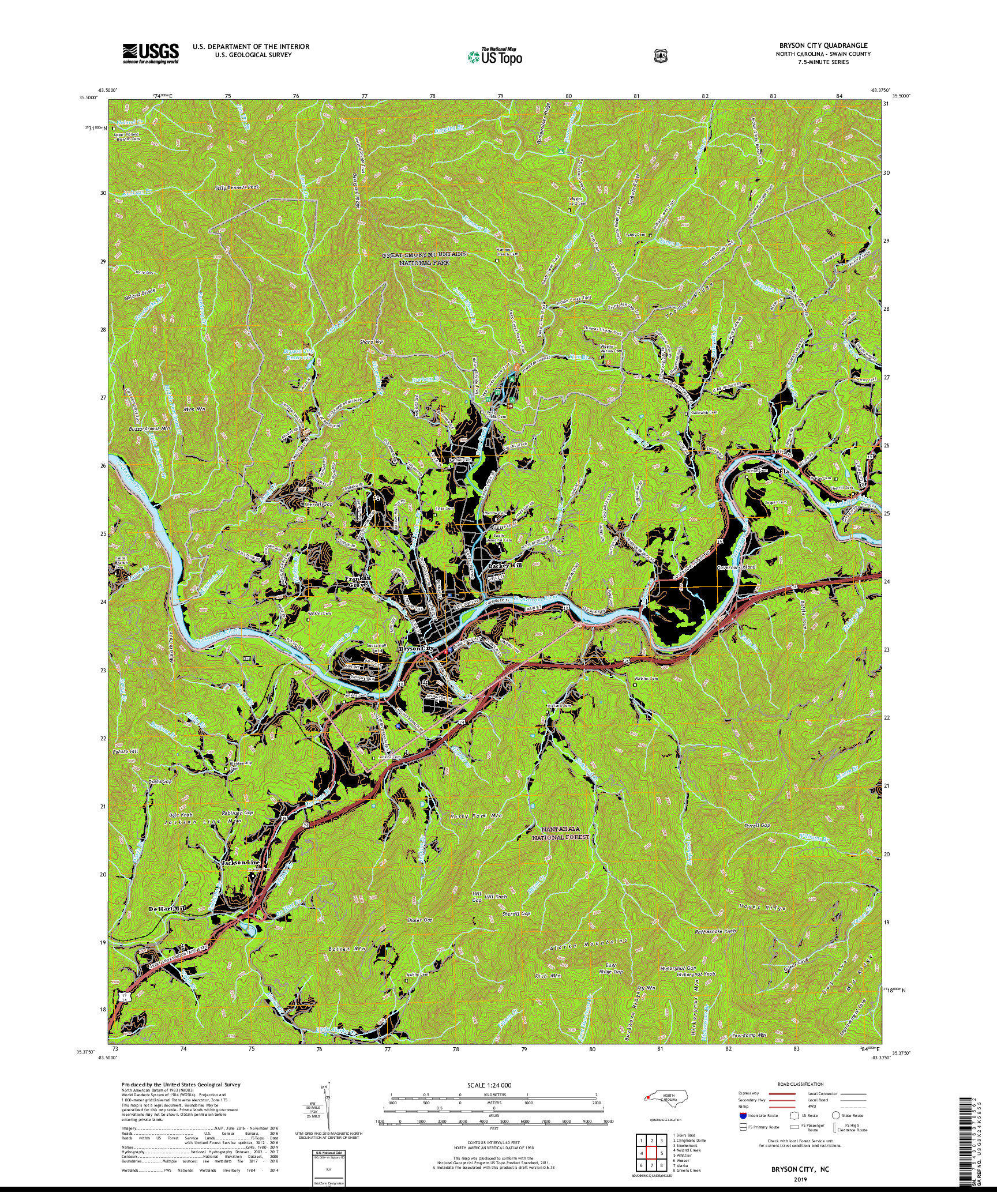 USGS US TOPO 7.5-MINUTE MAP FOR BRYSON CITY, NC 2019