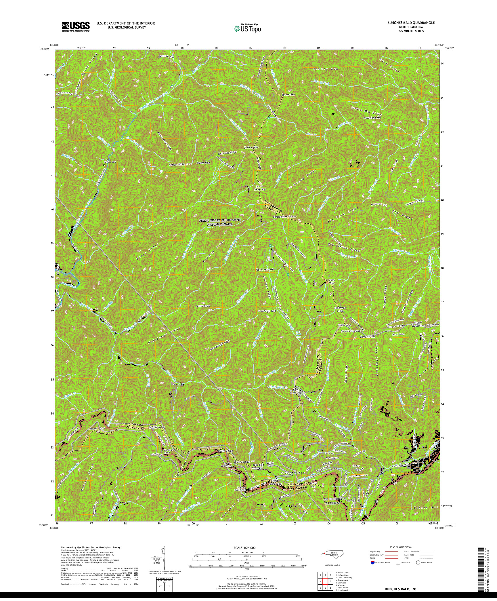 USGS US TOPO 7.5-MINUTE MAP FOR BUNCHES BALD, NC 2019