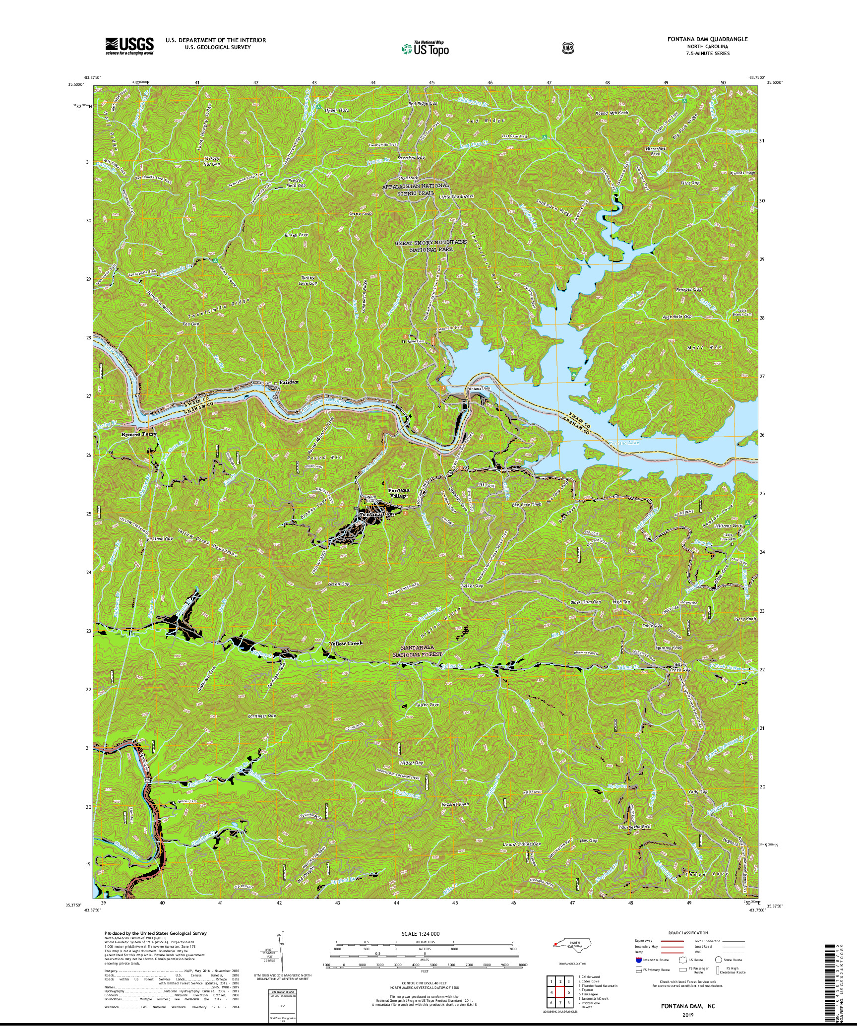 USGS US TOPO 7.5-MINUTE MAP FOR FONTANA DAM, NC 2019