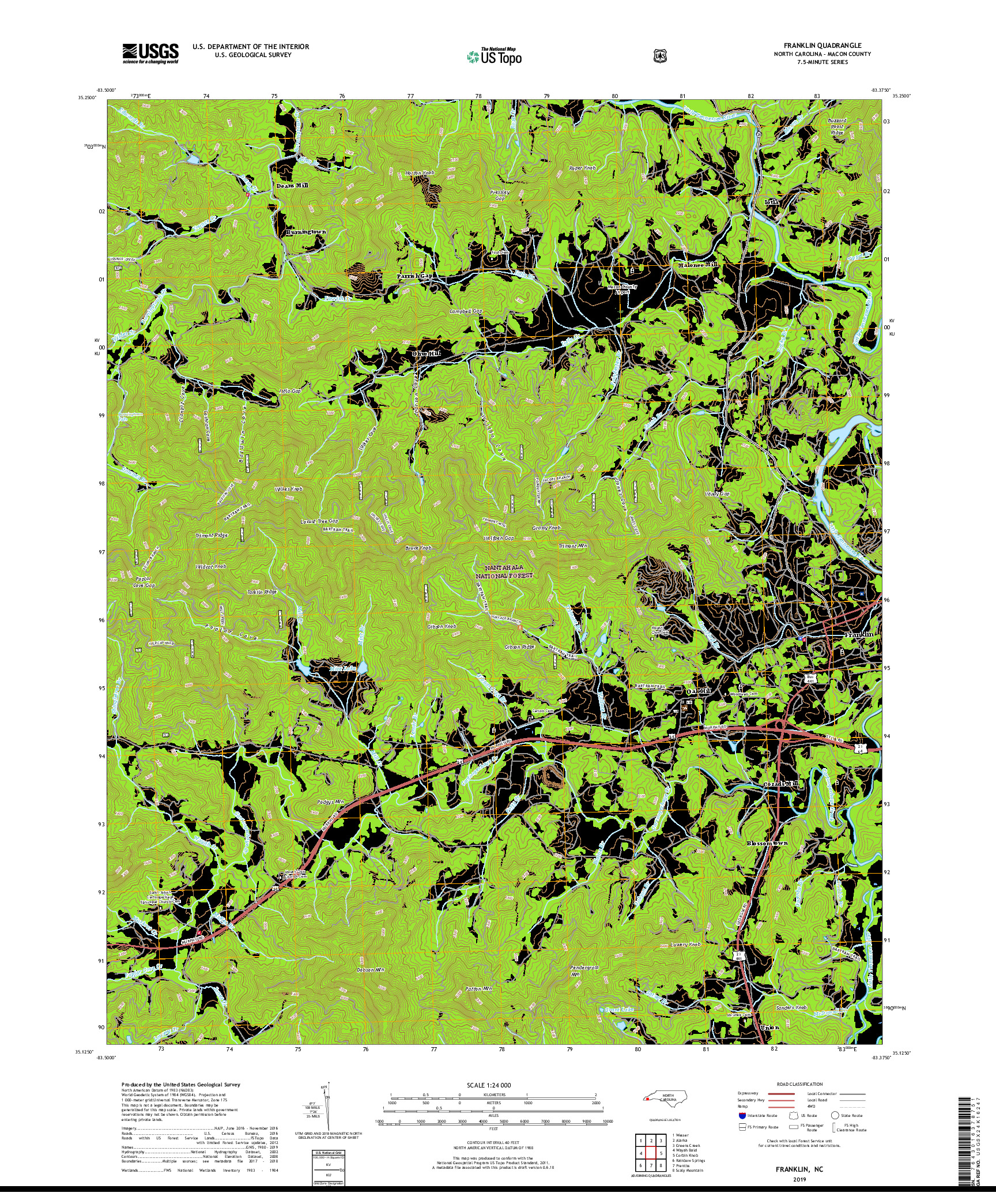 USGS US TOPO 7.5-MINUTE MAP FOR FRANKLIN, NC 2019