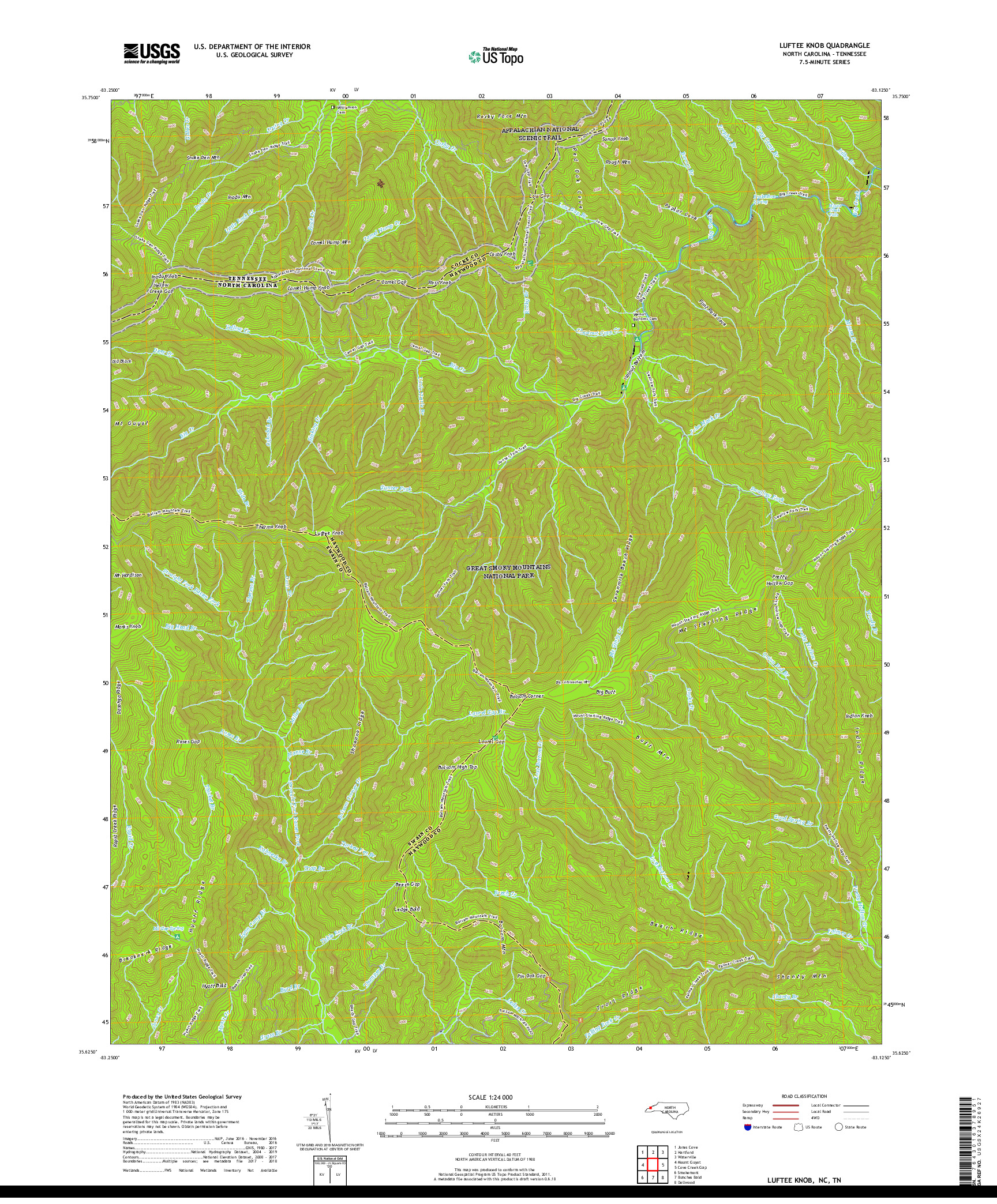 USGS US TOPO 7.5-MINUTE MAP FOR LUFTEE KNOB, NC,TN 2019