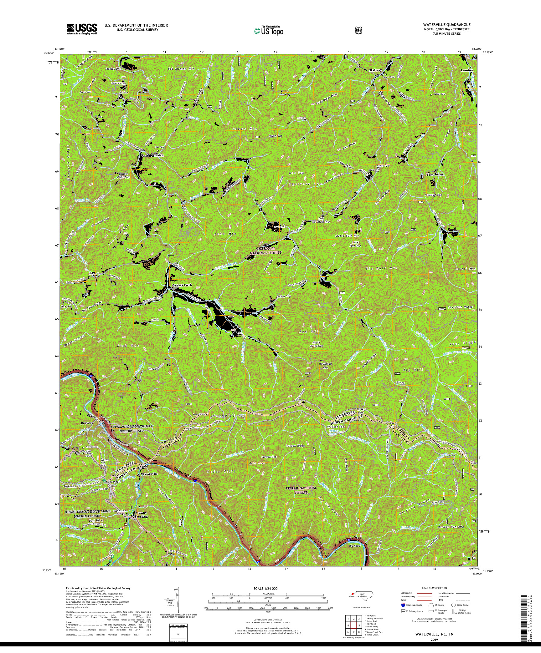 USGS US TOPO 7.5-MINUTE MAP FOR WATERVILLE, NC,TN 2019