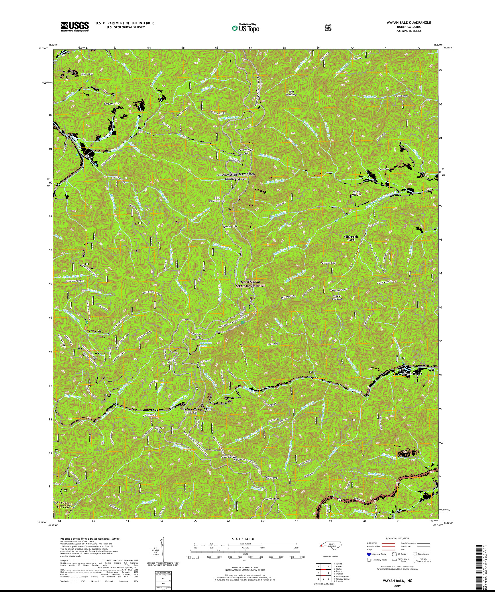 USGS US TOPO 7.5-MINUTE MAP FOR WAYAH BALD, NC 2019