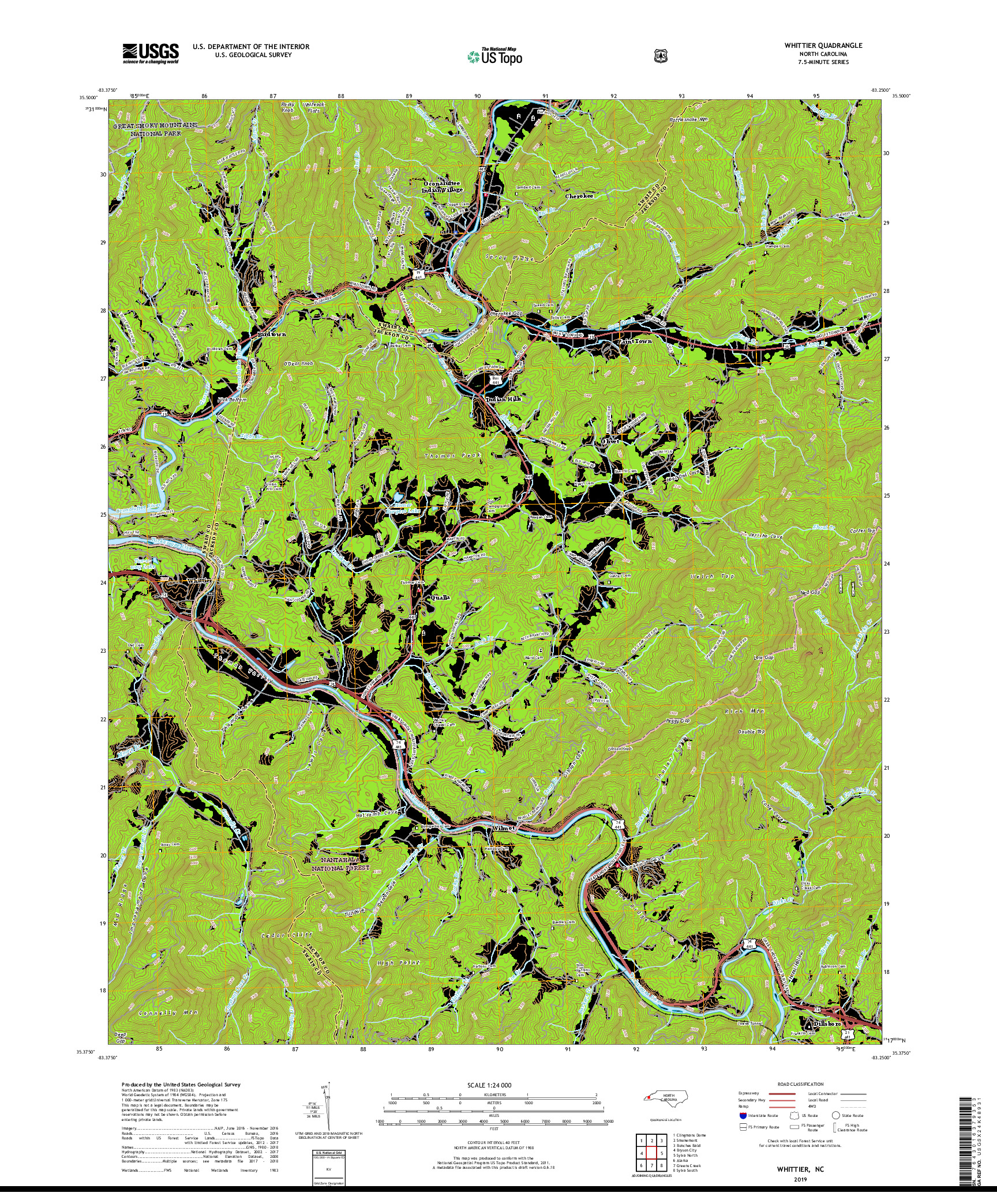 USGS US TOPO 7.5-MINUTE MAP FOR WHITTIER, NC 2019