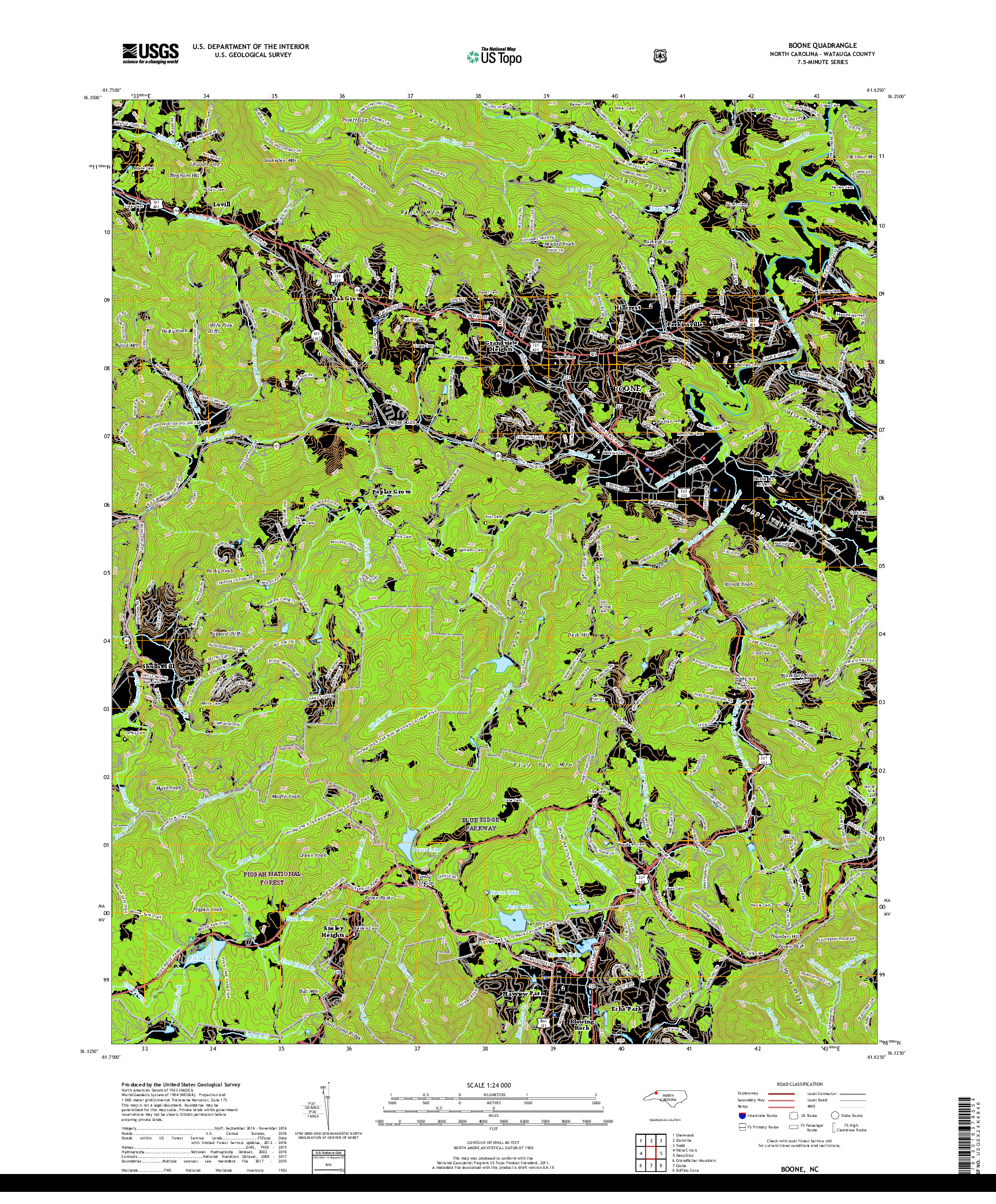 USGS US TOPO 7.5-MINUTE MAP FOR BOONE, NC 2019