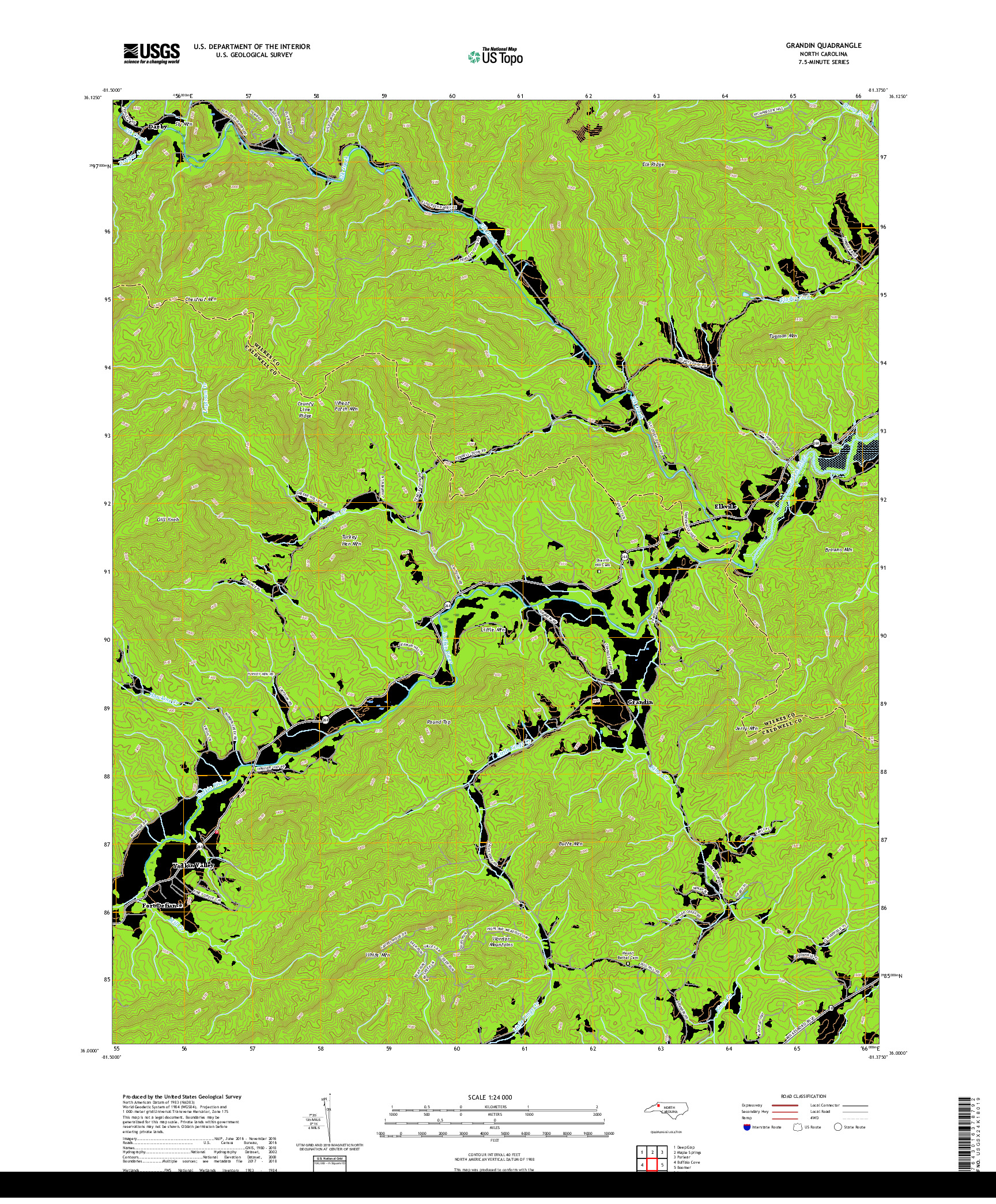 USGS US TOPO 7.5-MINUTE MAP FOR GRANDIN, NC 2019