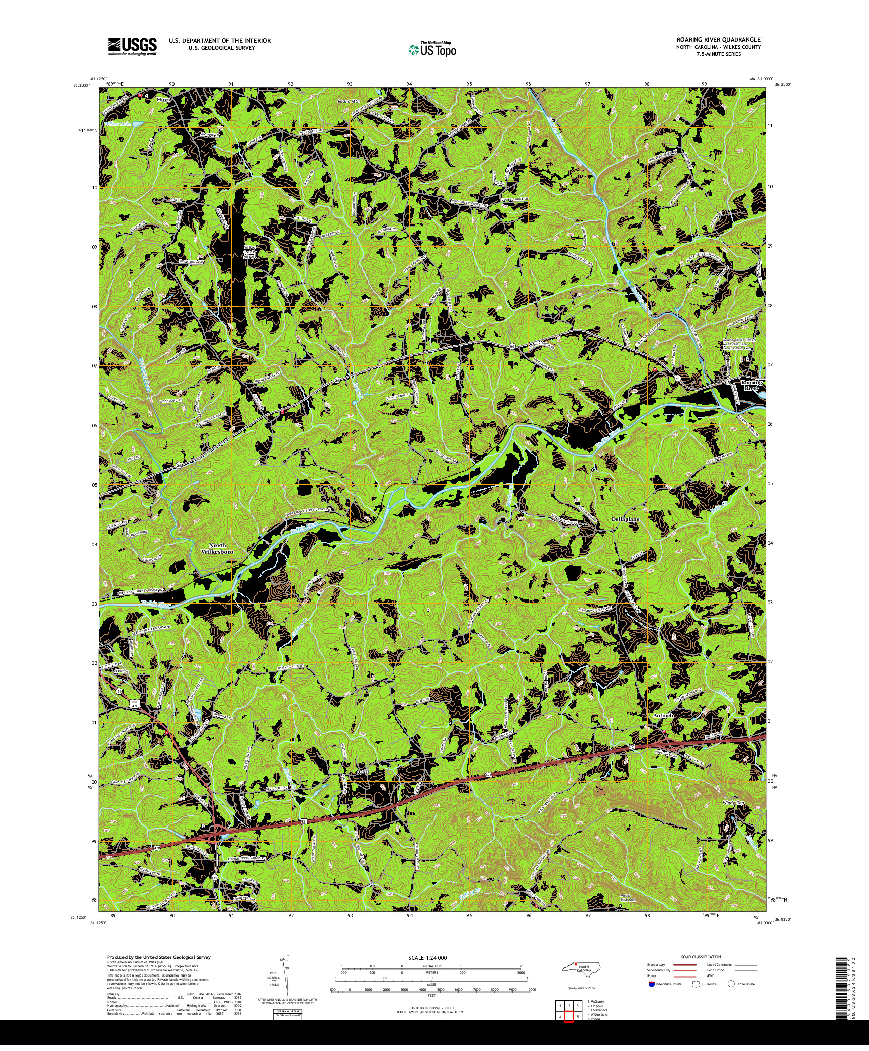 USGS US TOPO 7.5-MINUTE MAP FOR ROARING RIVER, NC 2019