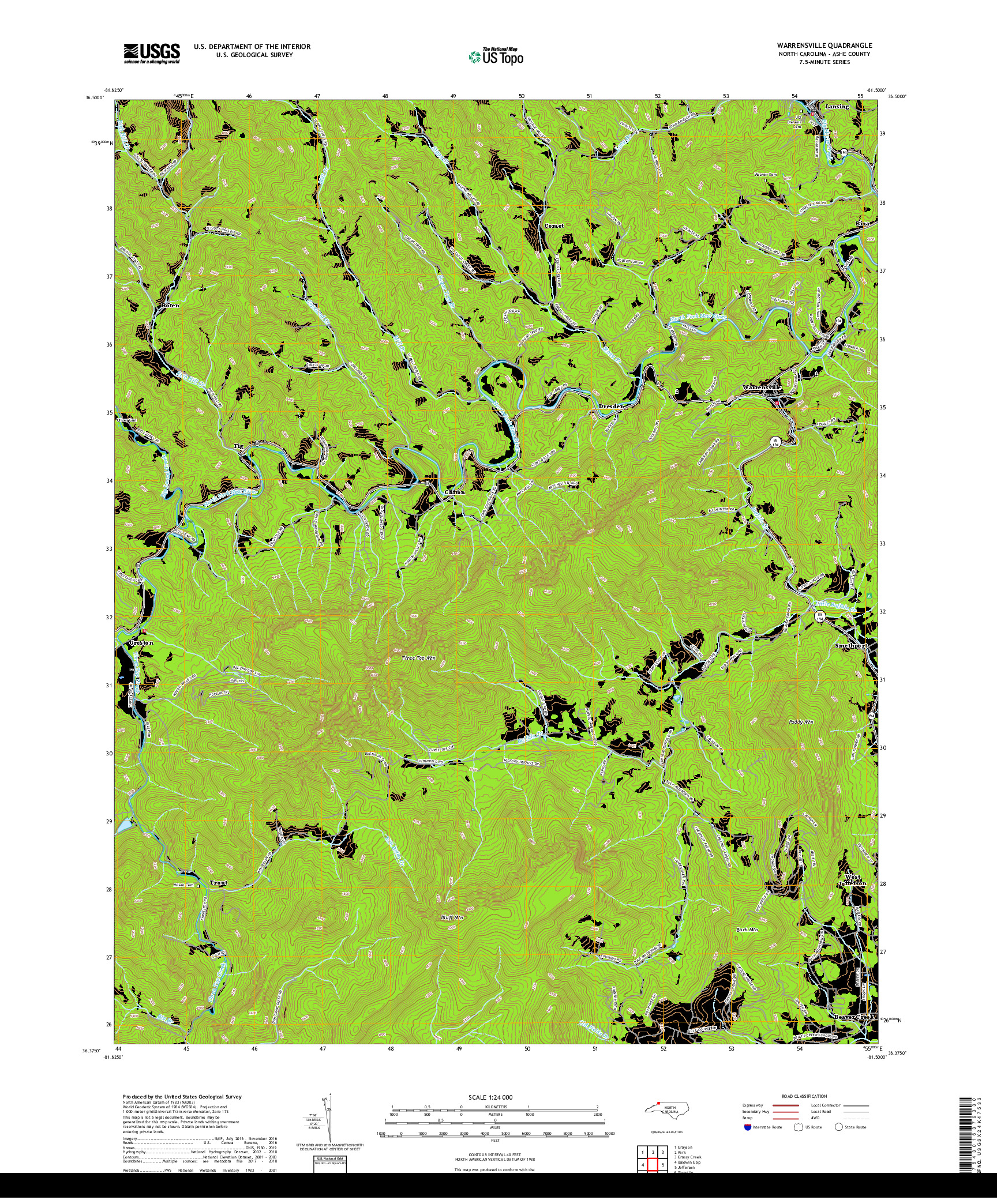 USGS US TOPO 7.5-MINUTE MAP FOR WARRENSVILLE, NC 2019