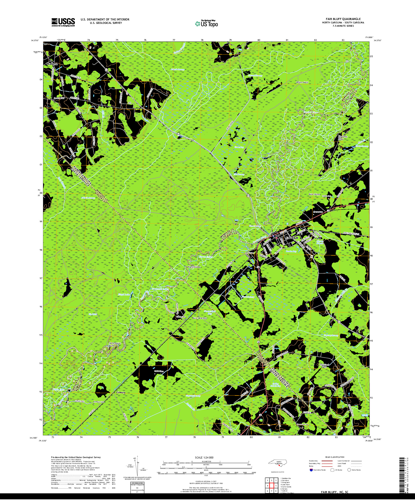 USGS US TOPO 7.5-MINUTE MAP FOR FAIR BLUFF, NC,SC 2019