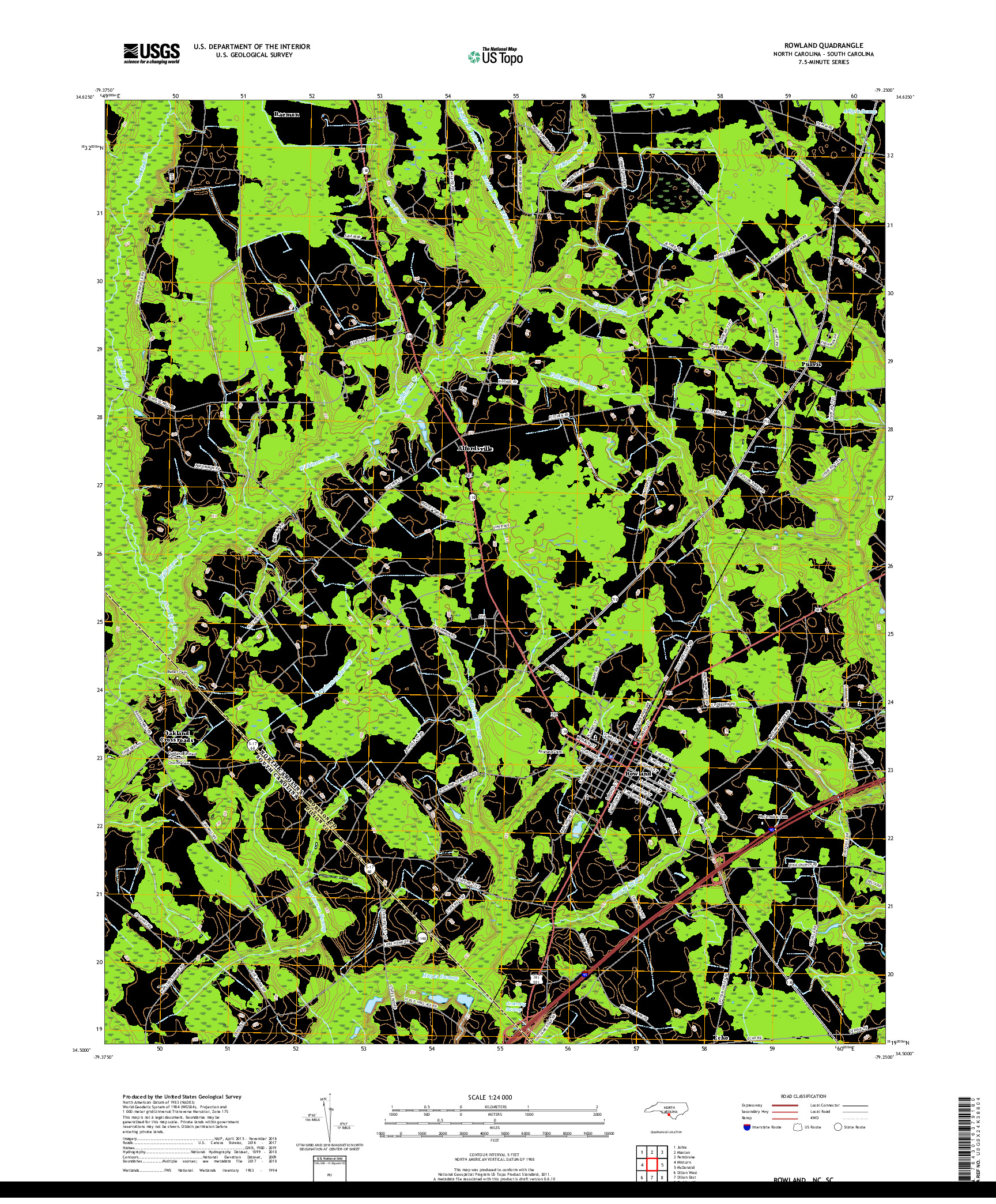 USGS US TOPO 7.5-MINUTE MAP FOR ROWLAND, NC,SC 2019