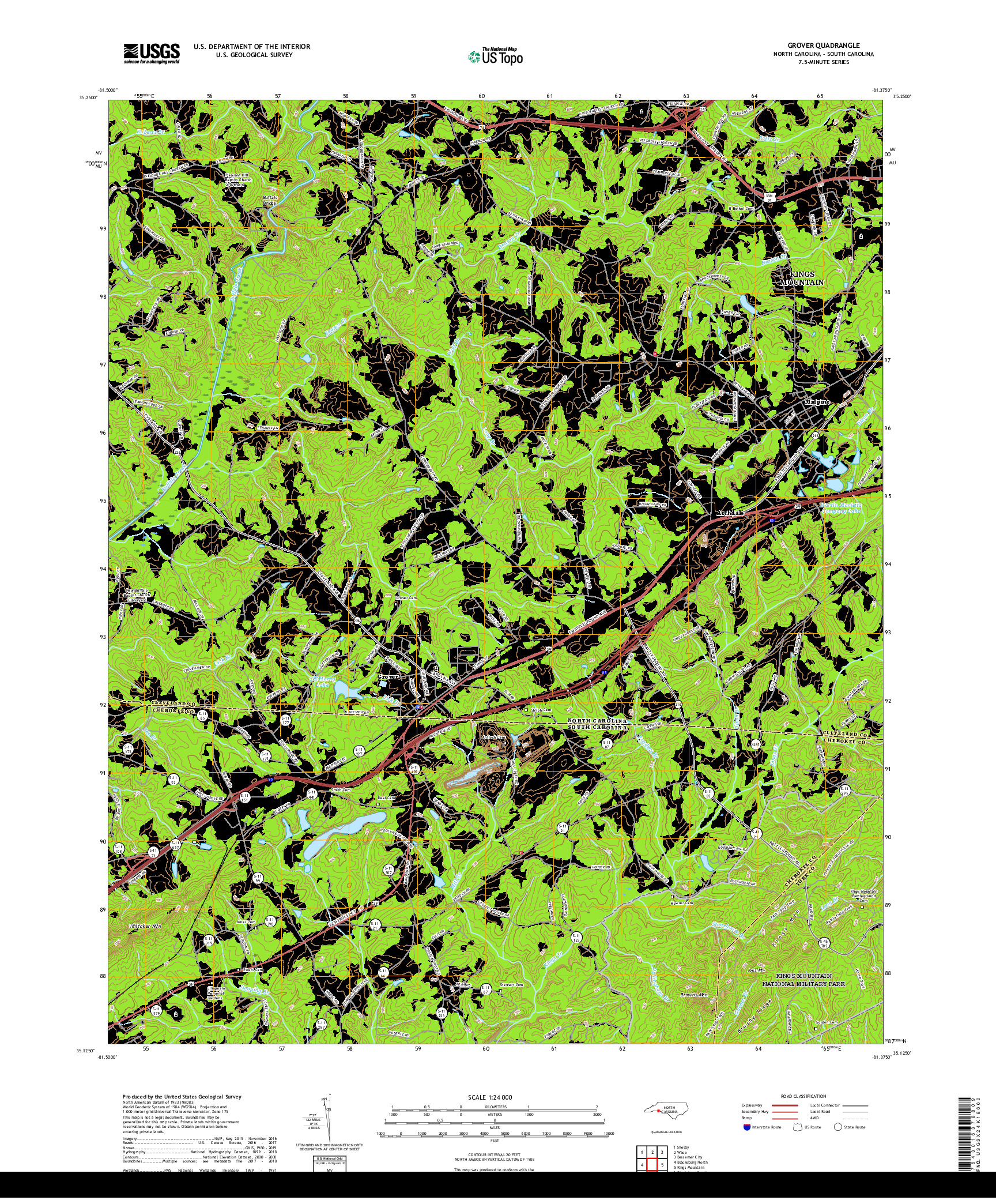 USGS US TOPO 7.5-MINUTE MAP FOR GROVER, NC,SC 2019