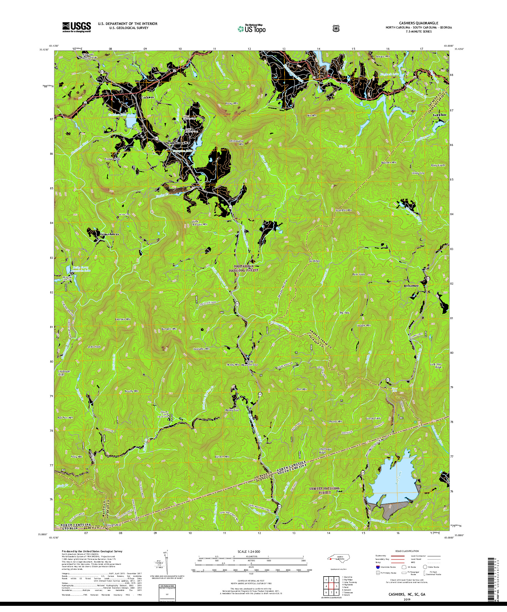 USGS US TOPO 7.5-MINUTE MAP FOR CASHIERS, NC,SC,GA 2019