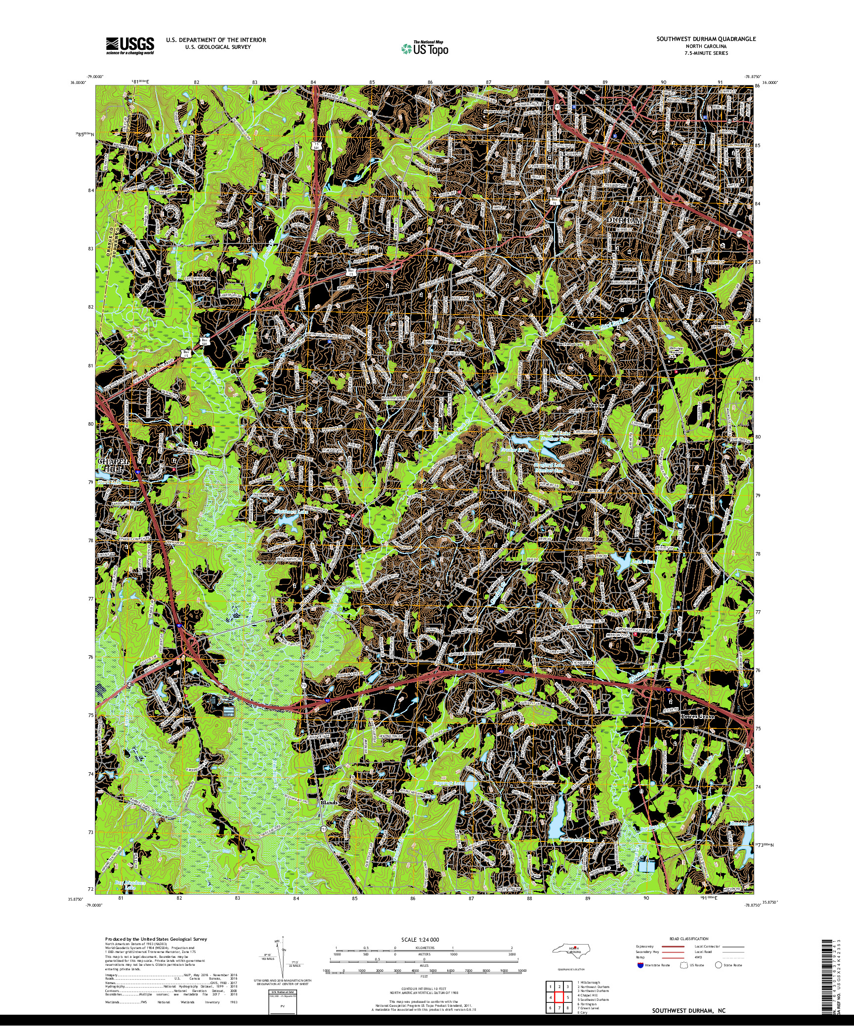 USGS US TOPO 7.5-MINUTE MAP FOR SOUTHWEST DURHAM, NC 2019