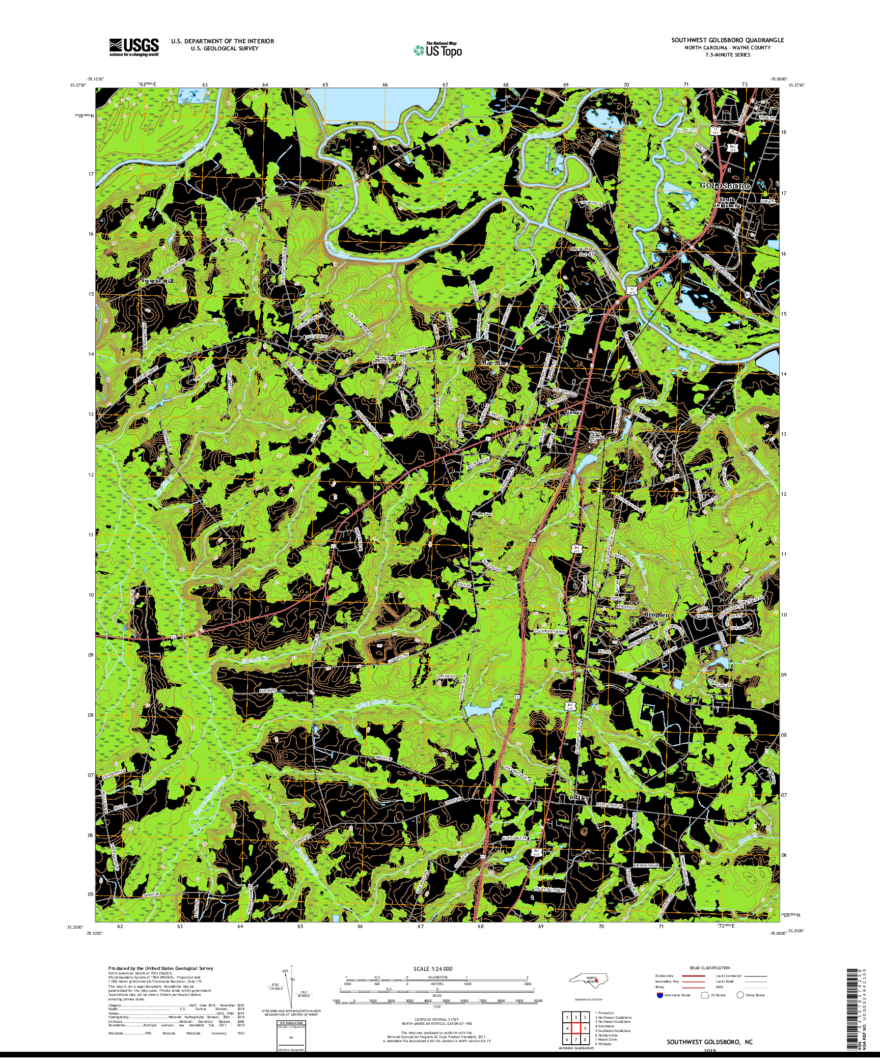 USGS US TOPO 7.5-MINUTE MAP FOR SOUTHWEST GOLDSBORO, NC 2019