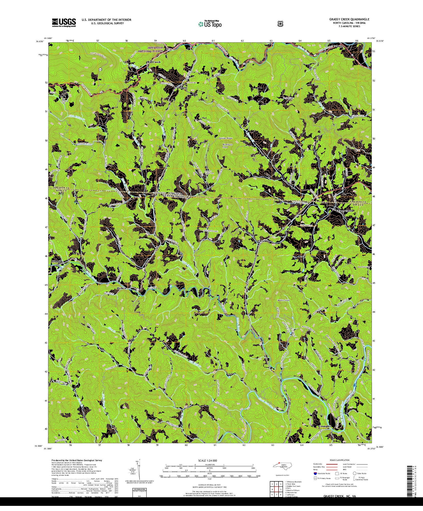 USGS US TOPO 7.5-MINUTE MAP FOR GRASSY CREEK, NC,VA 2019