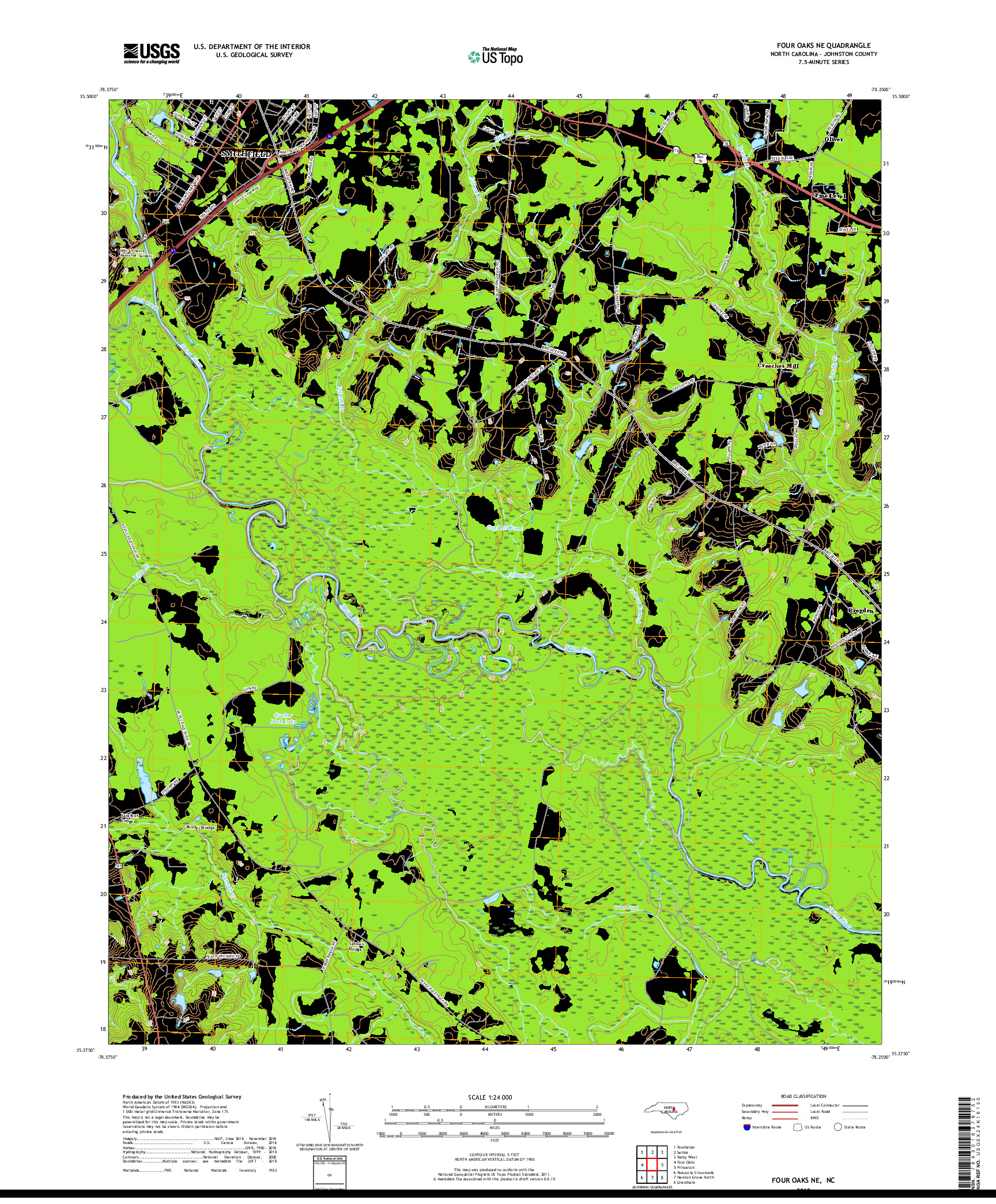 USGS US TOPO 7.5-MINUTE MAP FOR FOUR OAKS NE, NC 2019