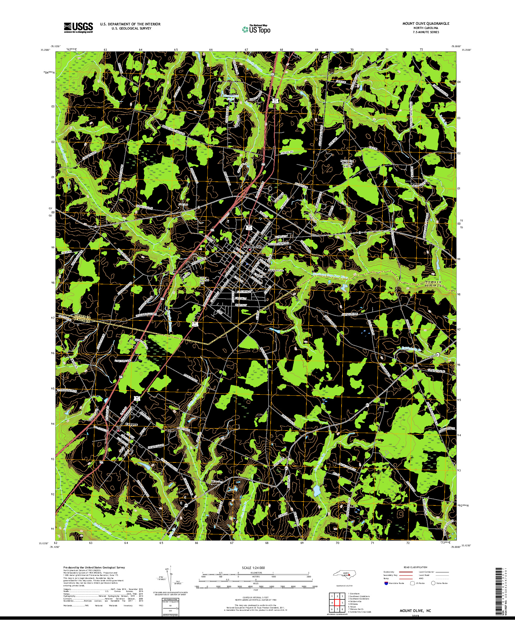 USGS US TOPO 7.5-MINUTE MAP FOR MOUNT OLIVE, NC 2019