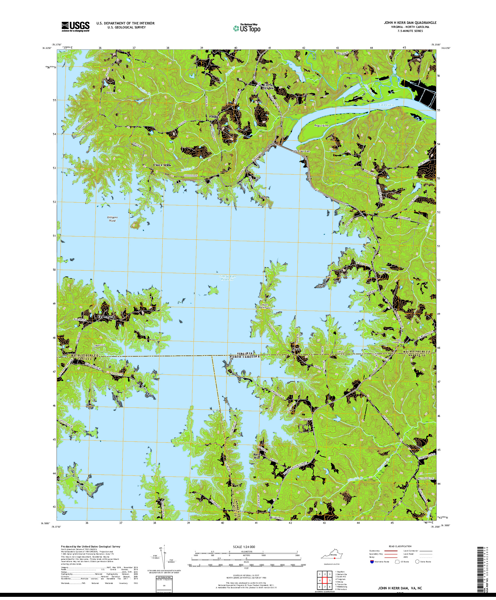 USGS US TOPO 7.5-MINUTE MAP FOR JOHN H KERR DAM, VA,NC 2019