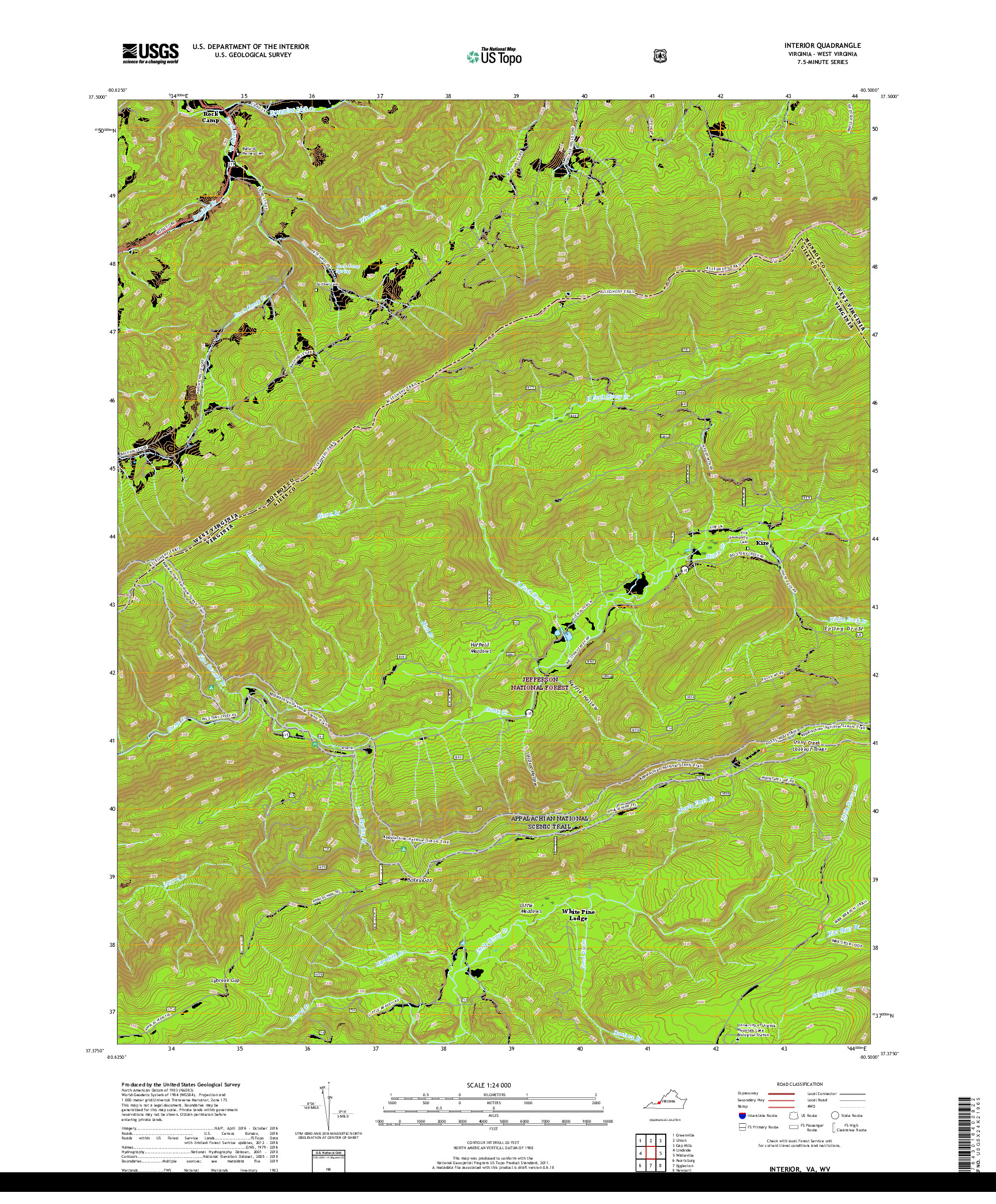 USGS US TOPO 7.5-MINUTE MAP FOR INTERIOR, VA,WV 2019