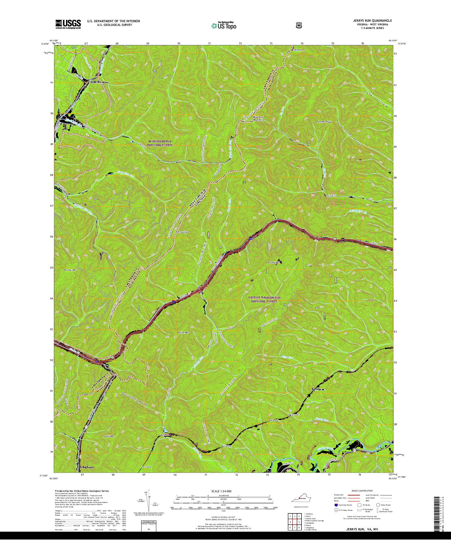 USGS US TOPO 7.5-MINUTE MAP FOR JERRYS RUN, VA,WV 2019