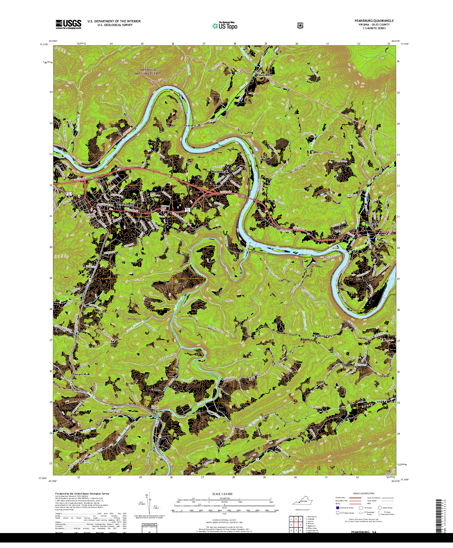 USGS US TOPO 7.5-MINUTE MAP FOR PEARISBURG, VA 2019