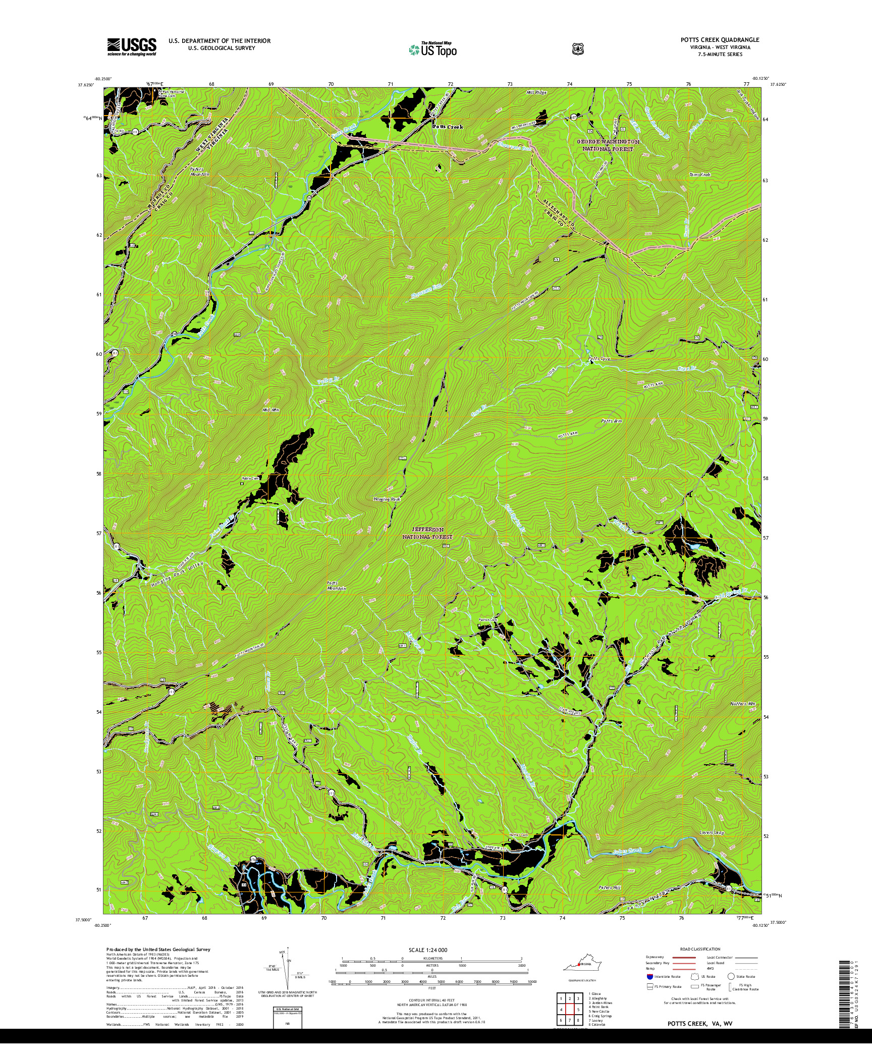 USGS US TOPO 7.5-MINUTE MAP FOR POTTS CREEK, VA,WV 2019