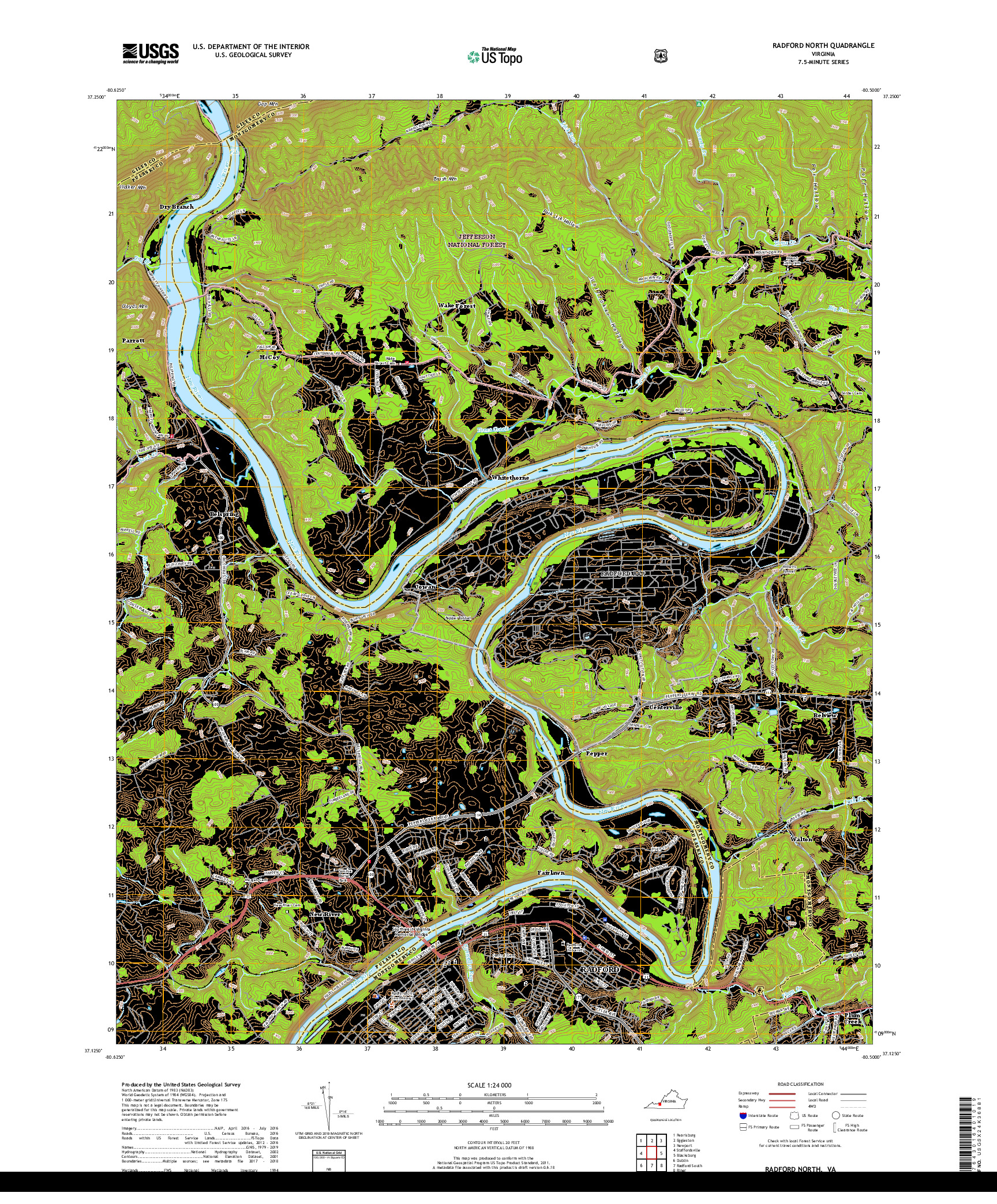 USGS US TOPO 7.5-MINUTE MAP FOR RADFORD NORTH, VA 2019