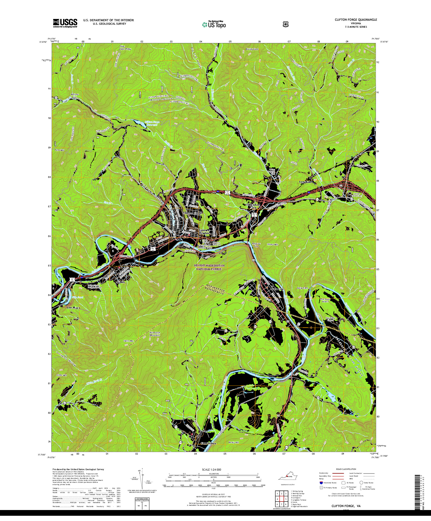 USGS US TOPO 7.5-MINUTE MAP FOR CLIFTON FORGE, VA 2019