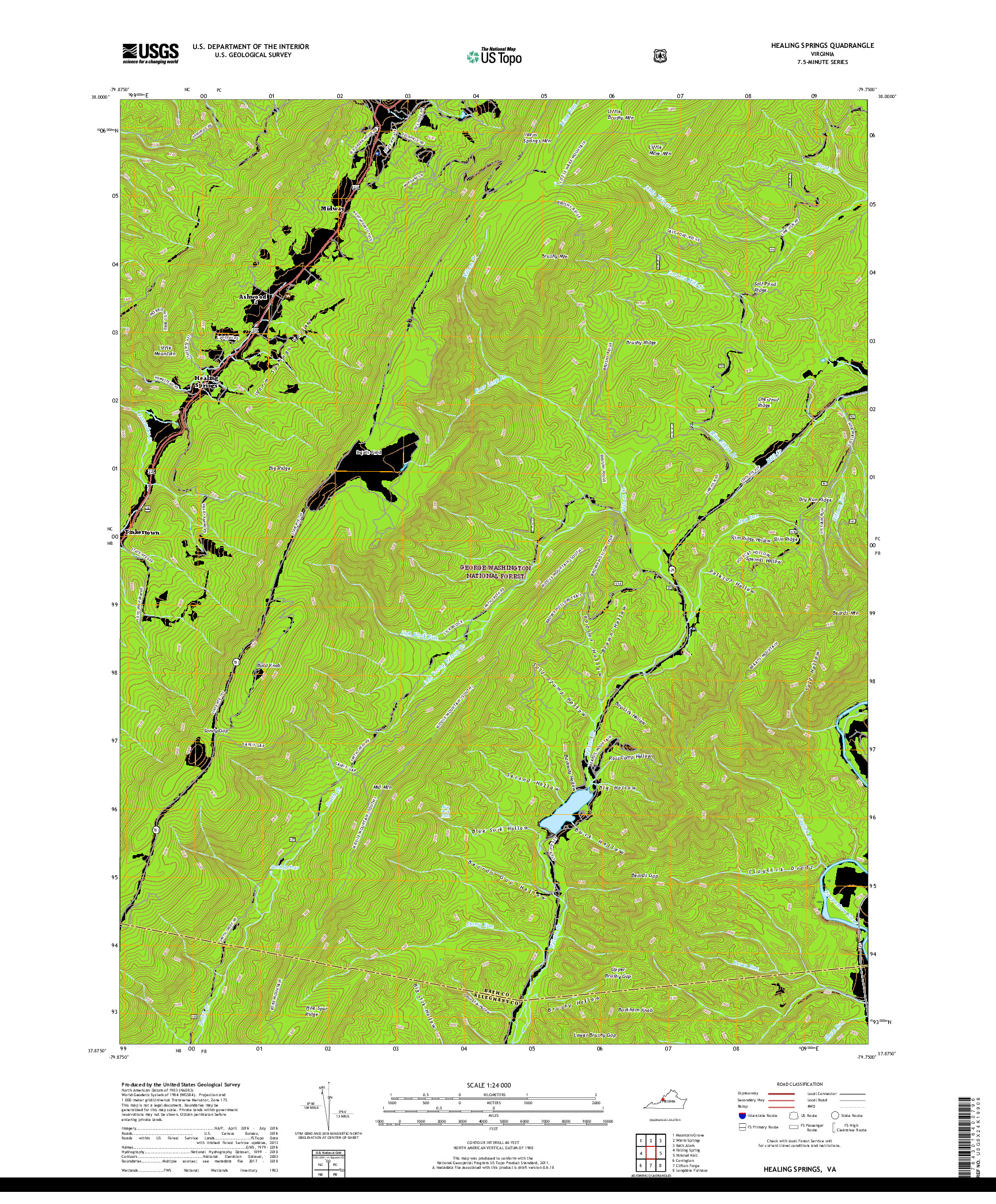 USGS US TOPO 7.5-MINUTE MAP FOR HEALING SPRINGS, VA 2019