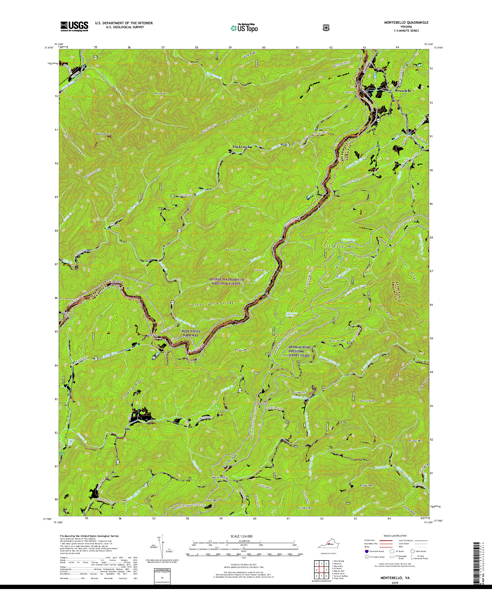 USGS US TOPO 7.5-MINUTE MAP FOR MONTEBELLO, VA 2019