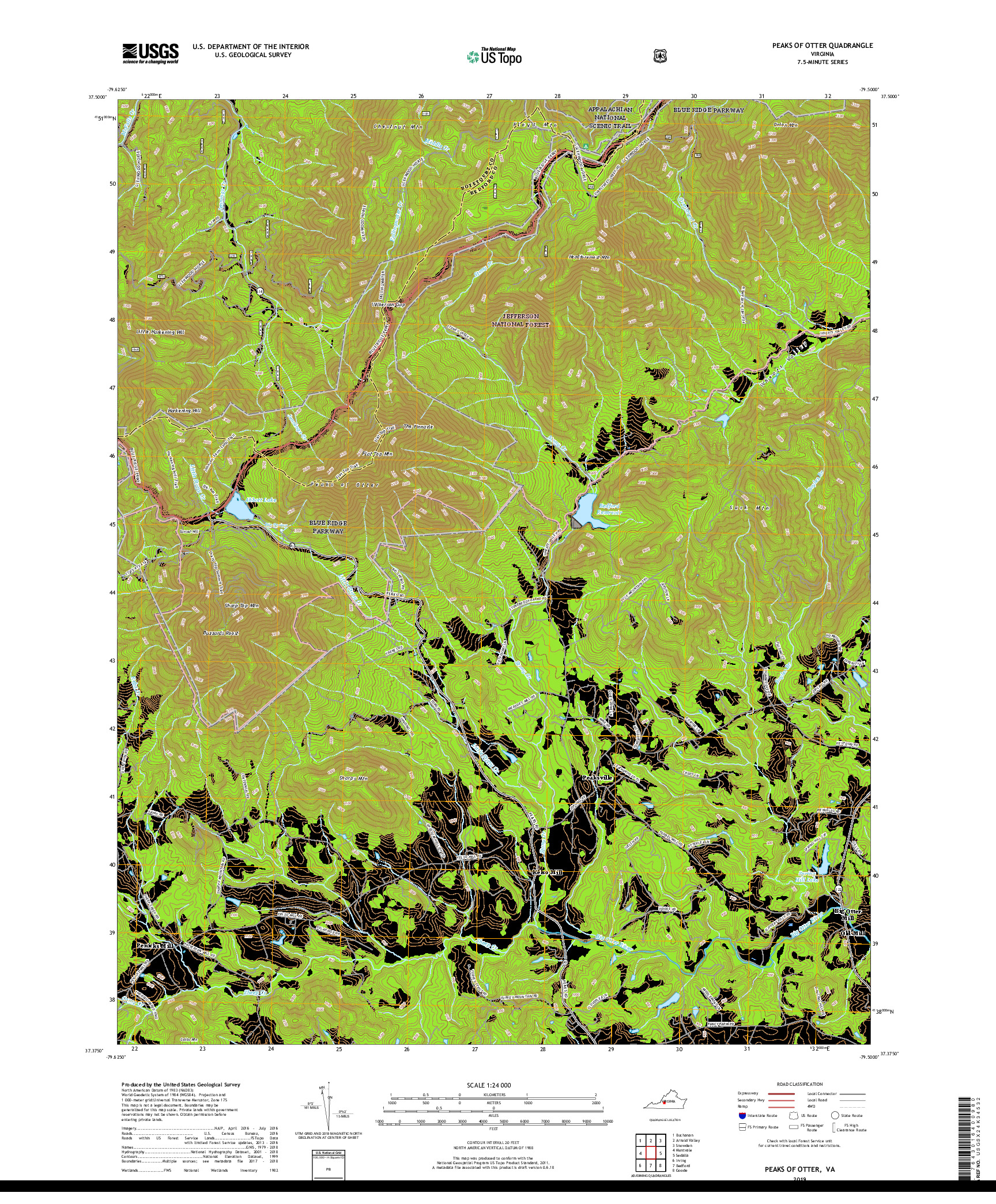 USGS US TOPO 7.5-MINUTE MAP FOR PEAKS OF OTTER, VA 2019