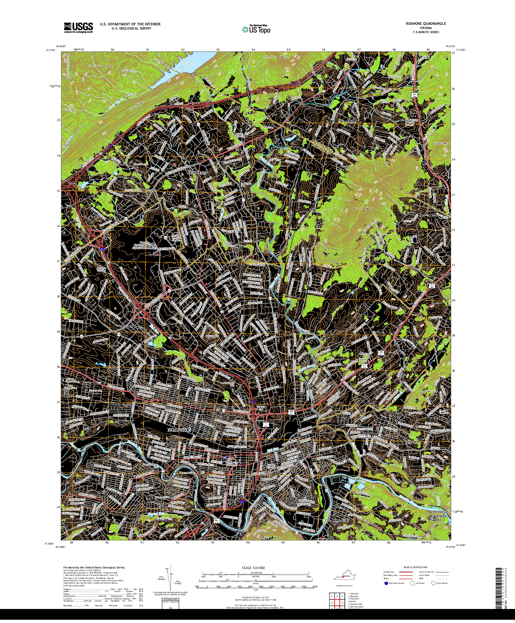 USGS US TOPO 7.5-MINUTE MAP FOR ROANOKE, VA 2019