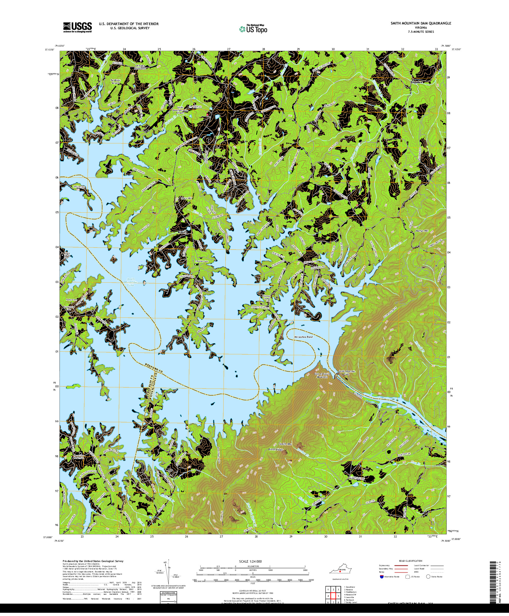 USGS US TOPO 7.5-MINUTE MAP FOR SMITH MOUNTAIN DAM, VA 2019