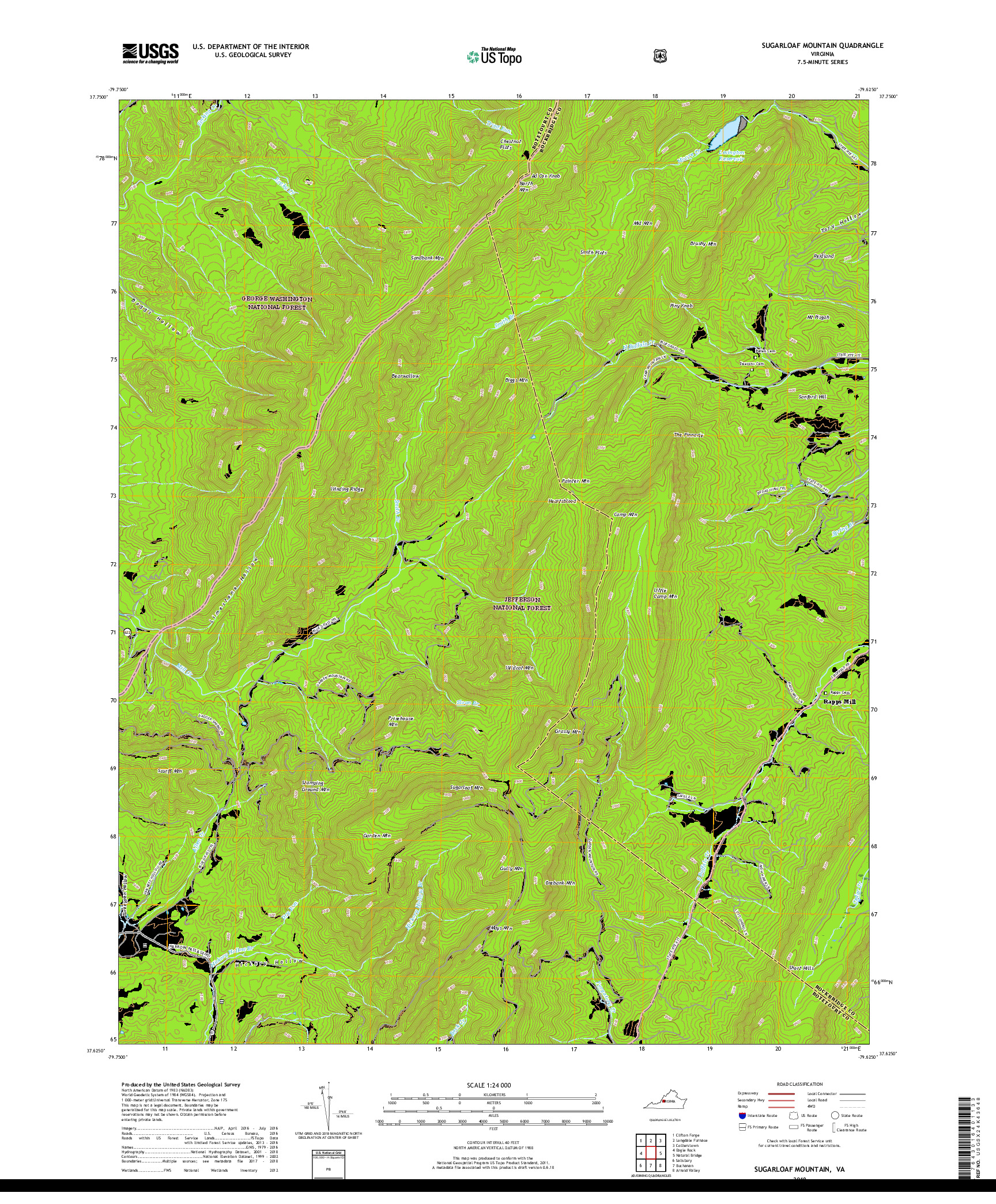 USGS US TOPO 7.5-MINUTE MAP FOR SUGARLOAF MOUNTAIN, VA 2019