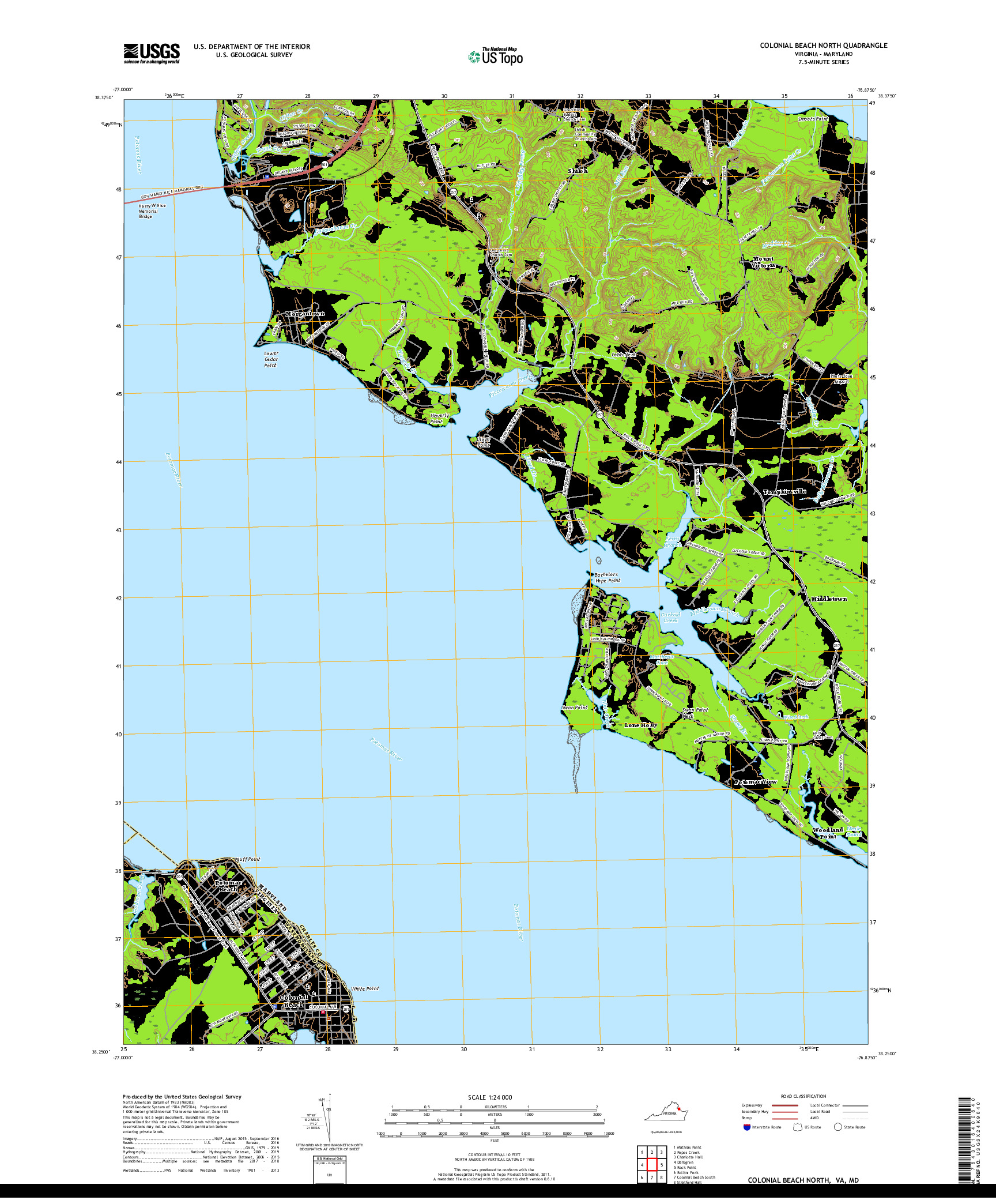 USGS US TOPO 7.5-MINUTE MAP FOR COLONIAL BEACH NORTH, VA,MD 2019