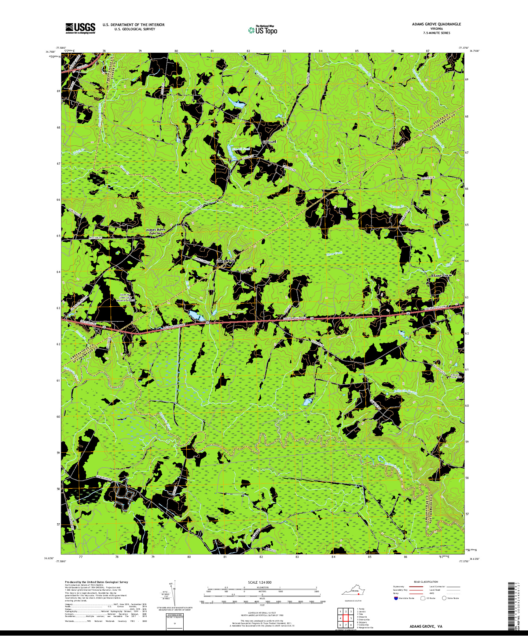 USGS US TOPO 7.5-MINUTE MAP FOR ADAMS GROVE, VA 2019