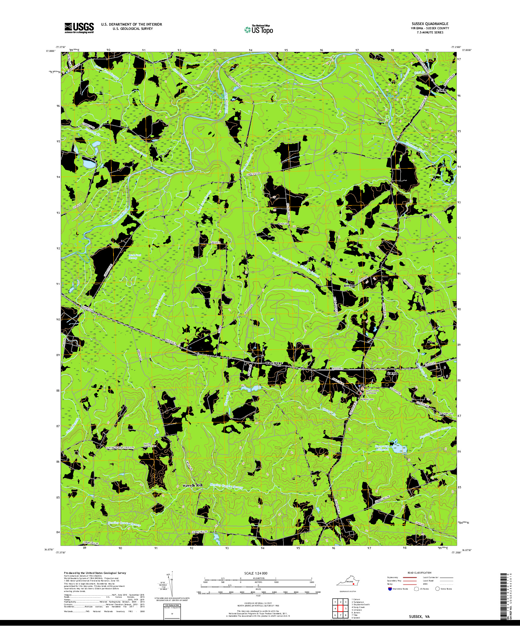 USGS US TOPO 7.5-MINUTE MAP FOR SUSSEX, VA 2019