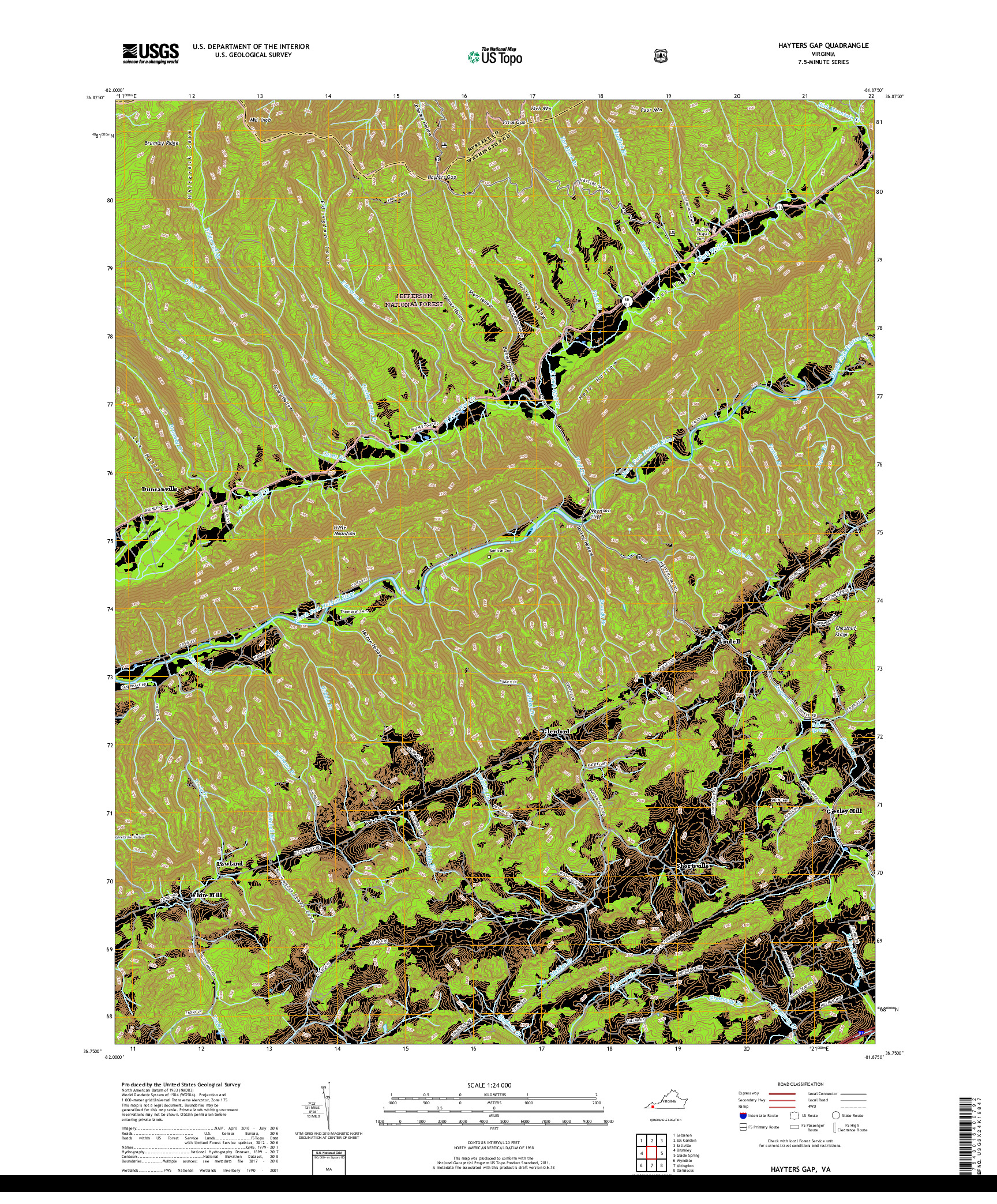 USGS US TOPO 7.5-MINUTE MAP FOR HAYTERS GAP, VA 2019