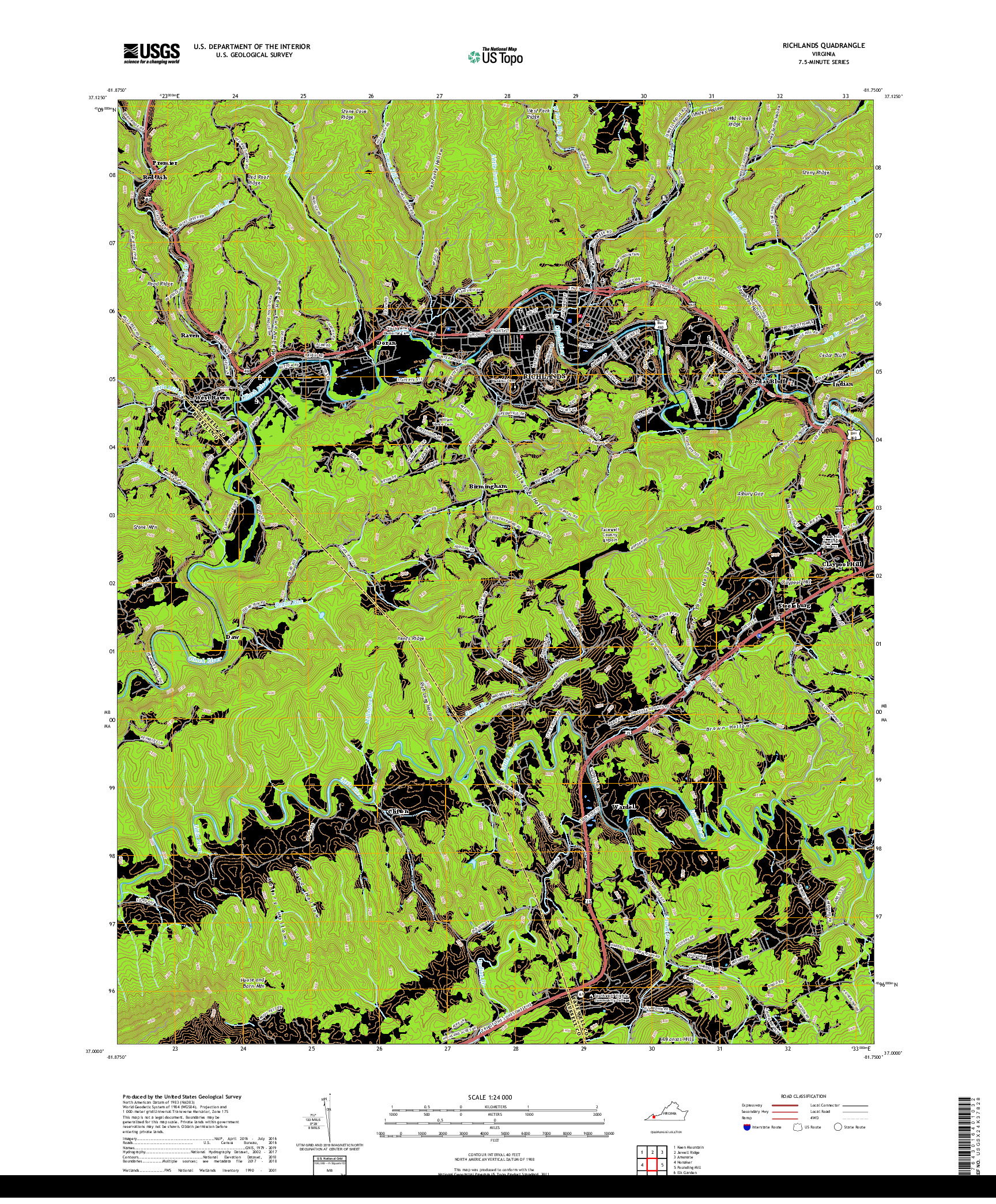 USGS US TOPO 7.5-MINUTE MAP FOR RICHLANDS, VA 2019