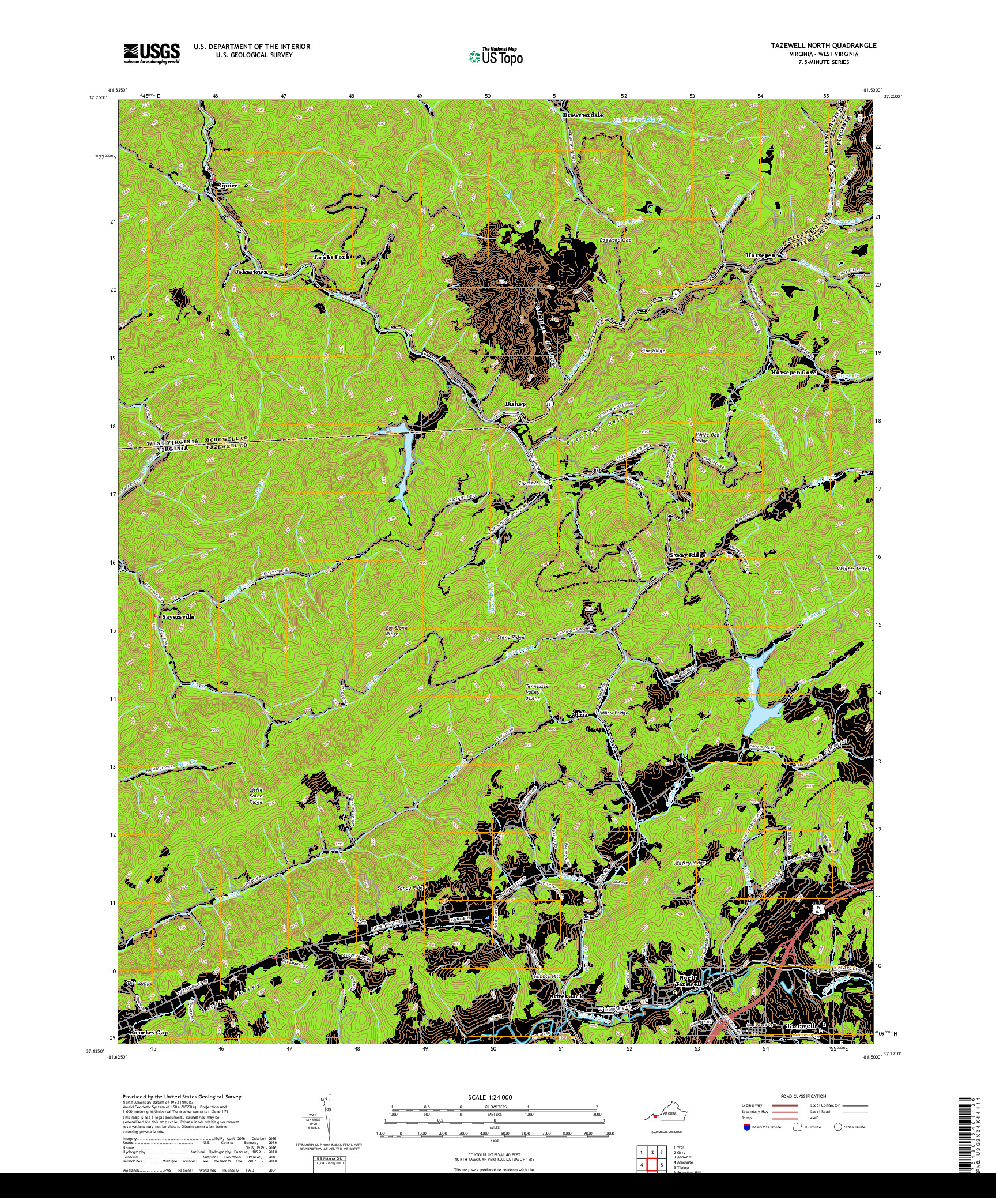 USGS US TOPO 7.5-MINUTE MAP FOR TAZEWELL NORTH, VA,WV 2019