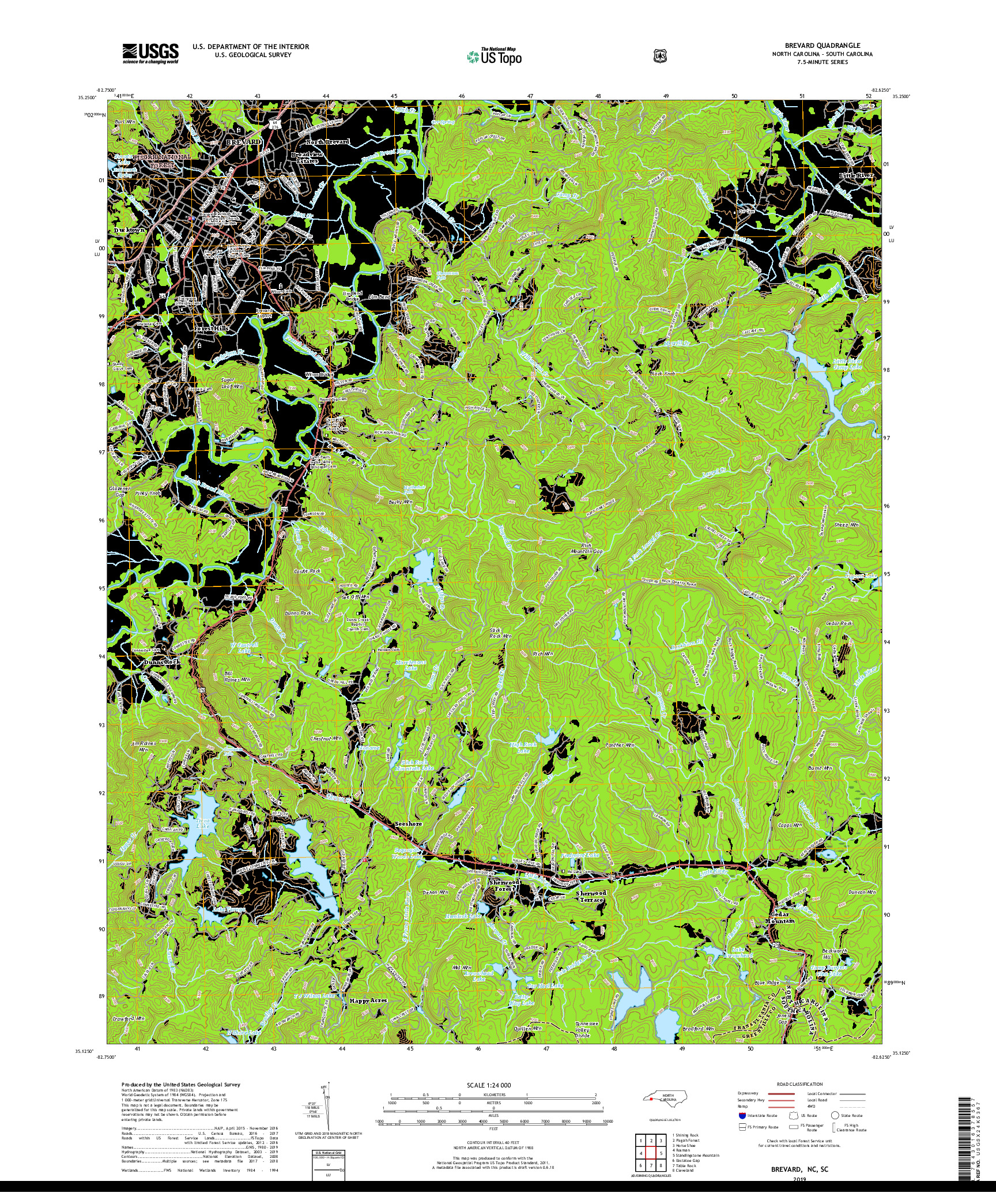 USGS US TOPO 7.5-MINUTE MAP FOR BREVARD, NC,SC 2019