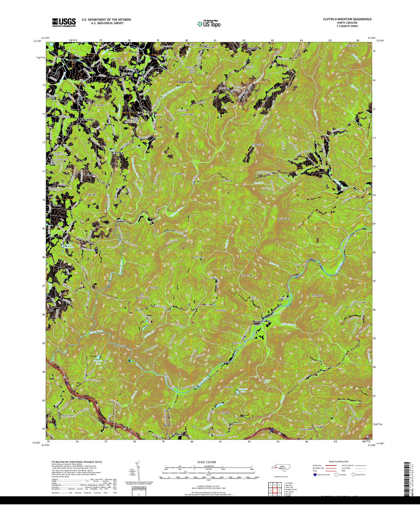 USGS US TOPO 7.5-MINUTE MAP FOR CLIFFIELD MOUNTAIN, NC 2019