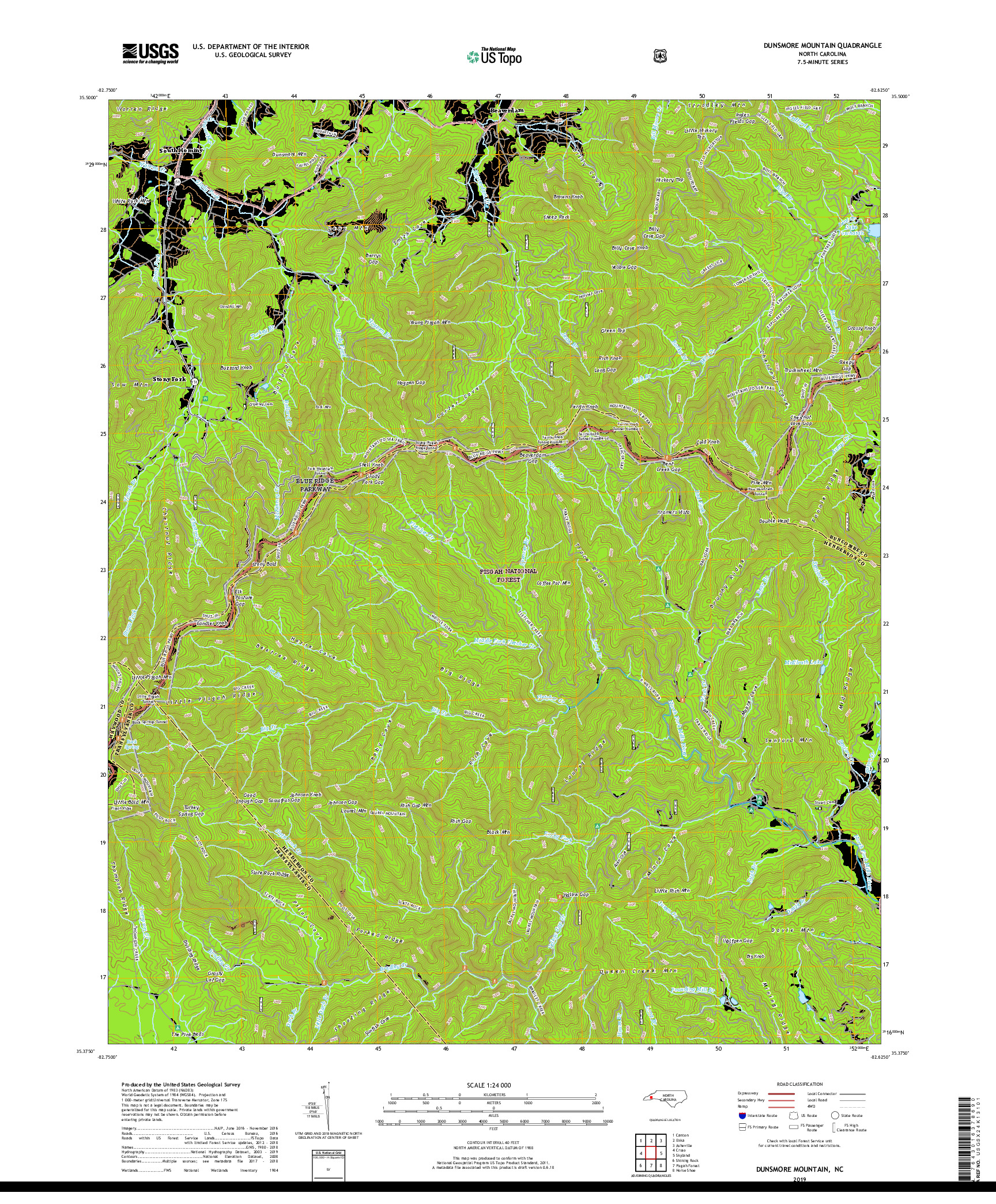 USGS US TOPO 7.5-MINUTE MAP FOR DUNSMORE MOUNTAIN, NC 2019