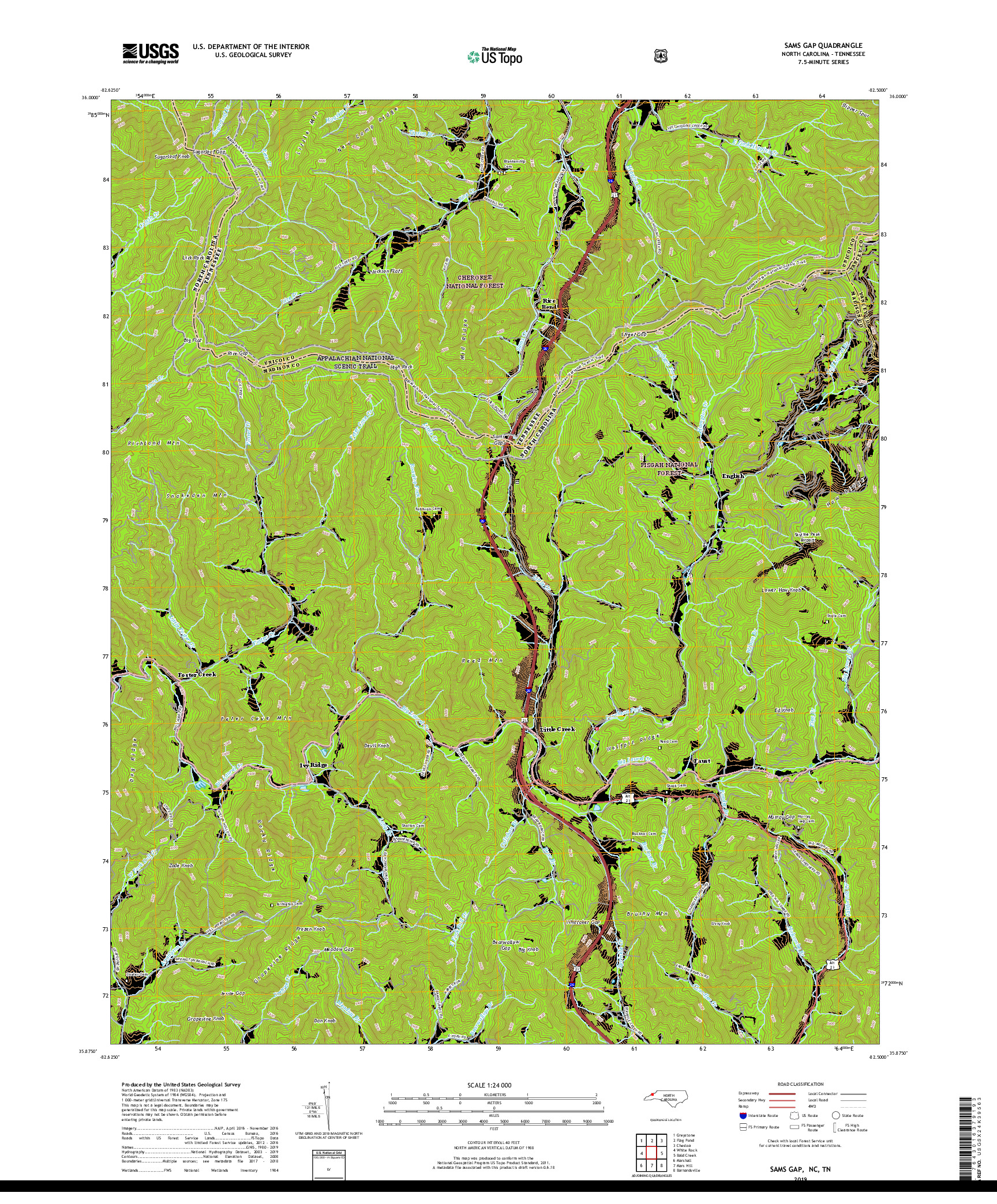 USGS US TOPO 7.5-MINUTE MAP FOR SAMS GAP, NC,TN 2019